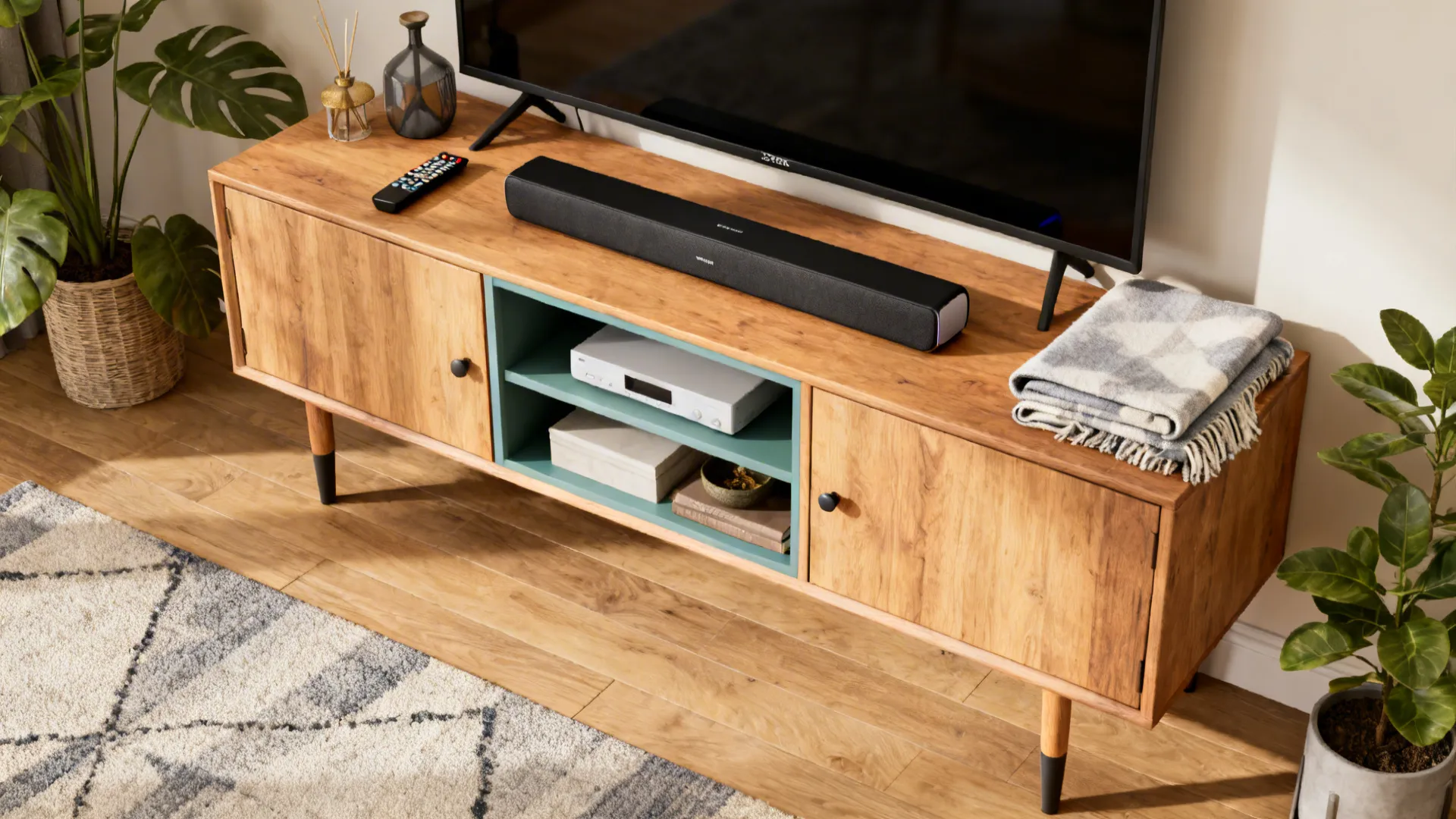 Low multifunctional media console under a 32-inch TV with mixed storage and a soundbar