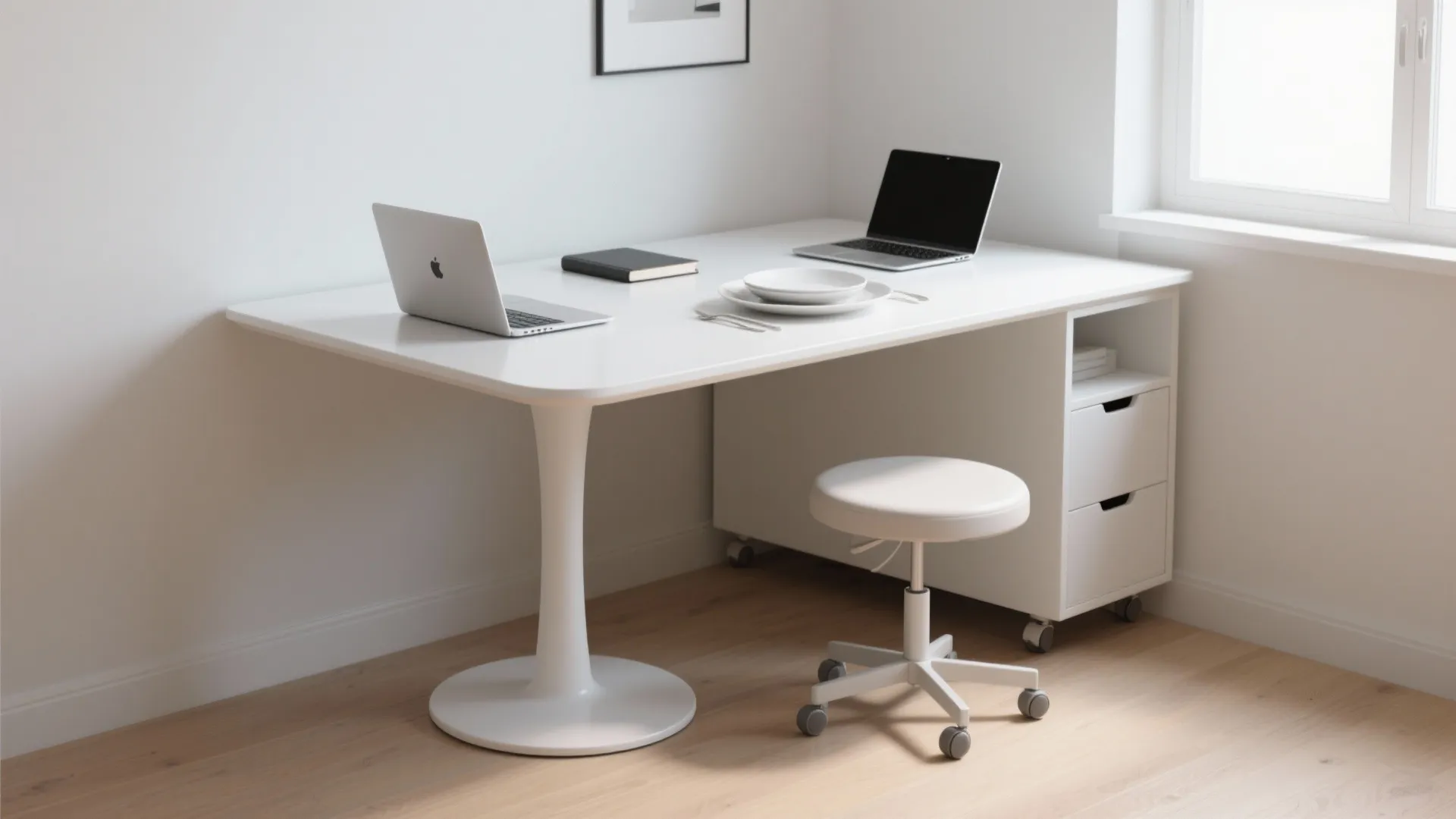 White pedestal table serving as both dining surface and compact home workspace with open base
