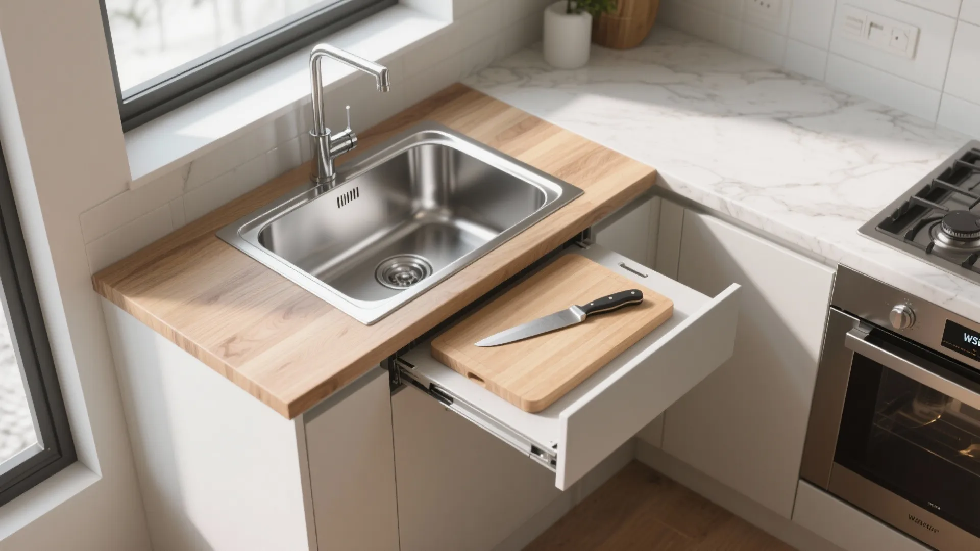 Modern kitchen sink with wooden countertop featuring a slide out drawer for a cutting board
