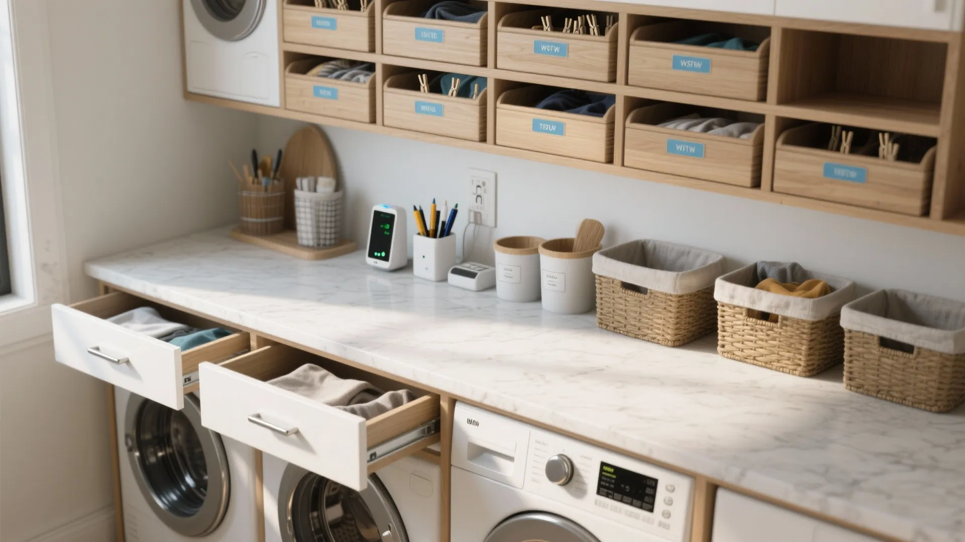 Laundry room with marble countertop washing machine drawers and organized wooden wall storage for supplies
