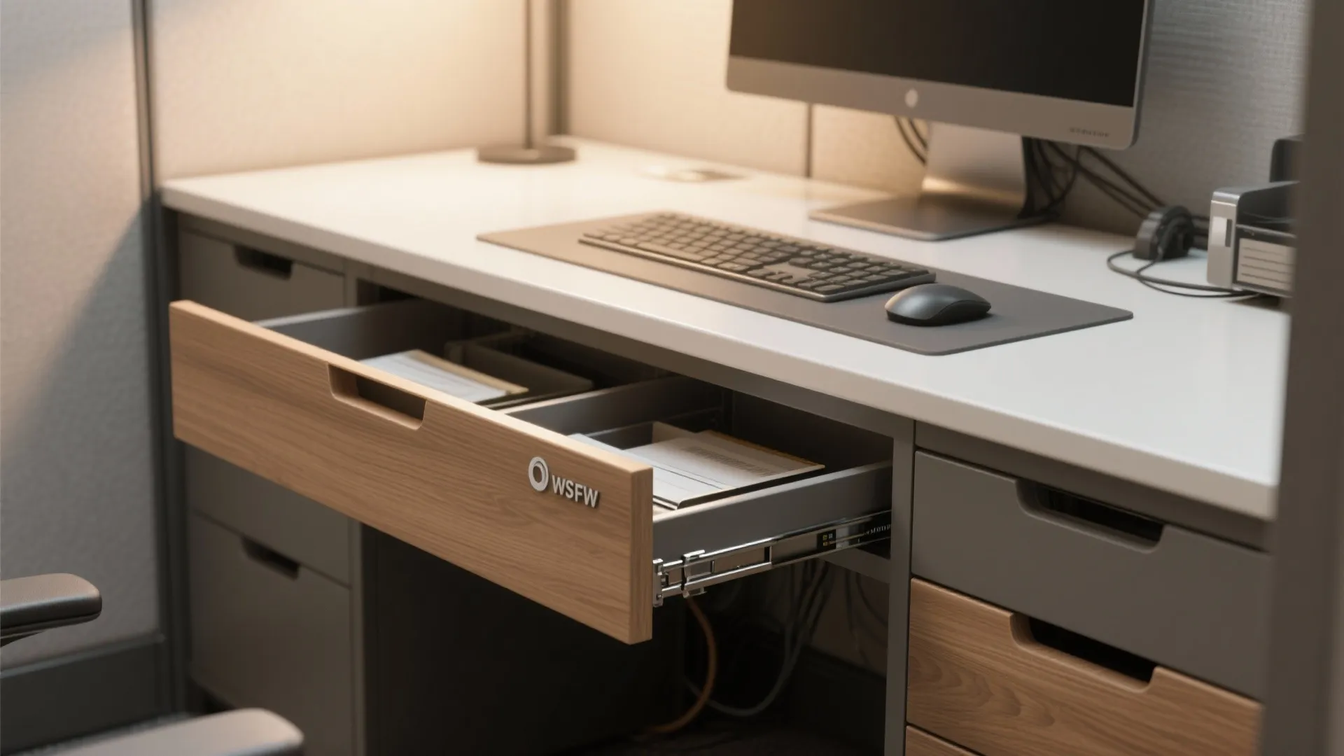 Close up of grey office desk with open wooden drawer computer monitor keyboard and mouse