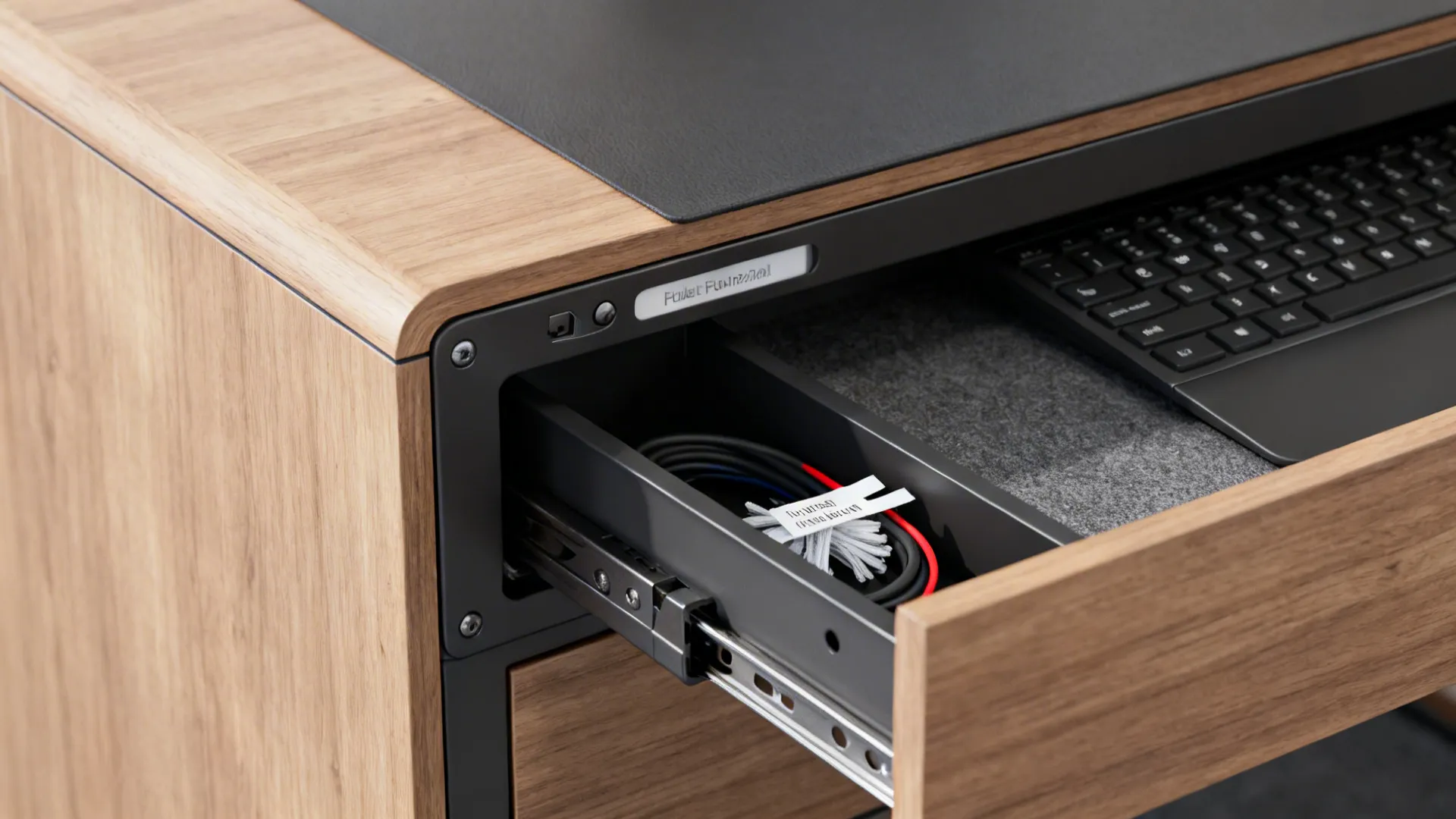 Close-up of a desk with integrated filing drawer, keyboard tray and cable channels