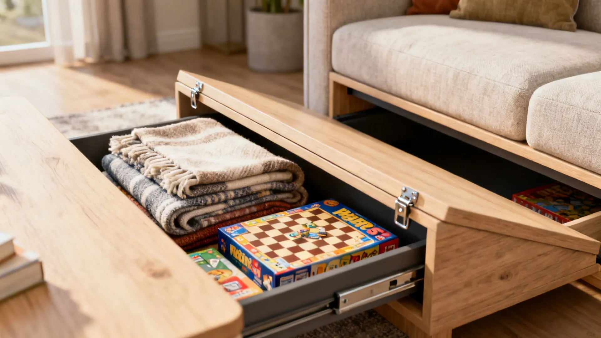 Lift-up coffee table and sofa with concealed storage in a small living room.
