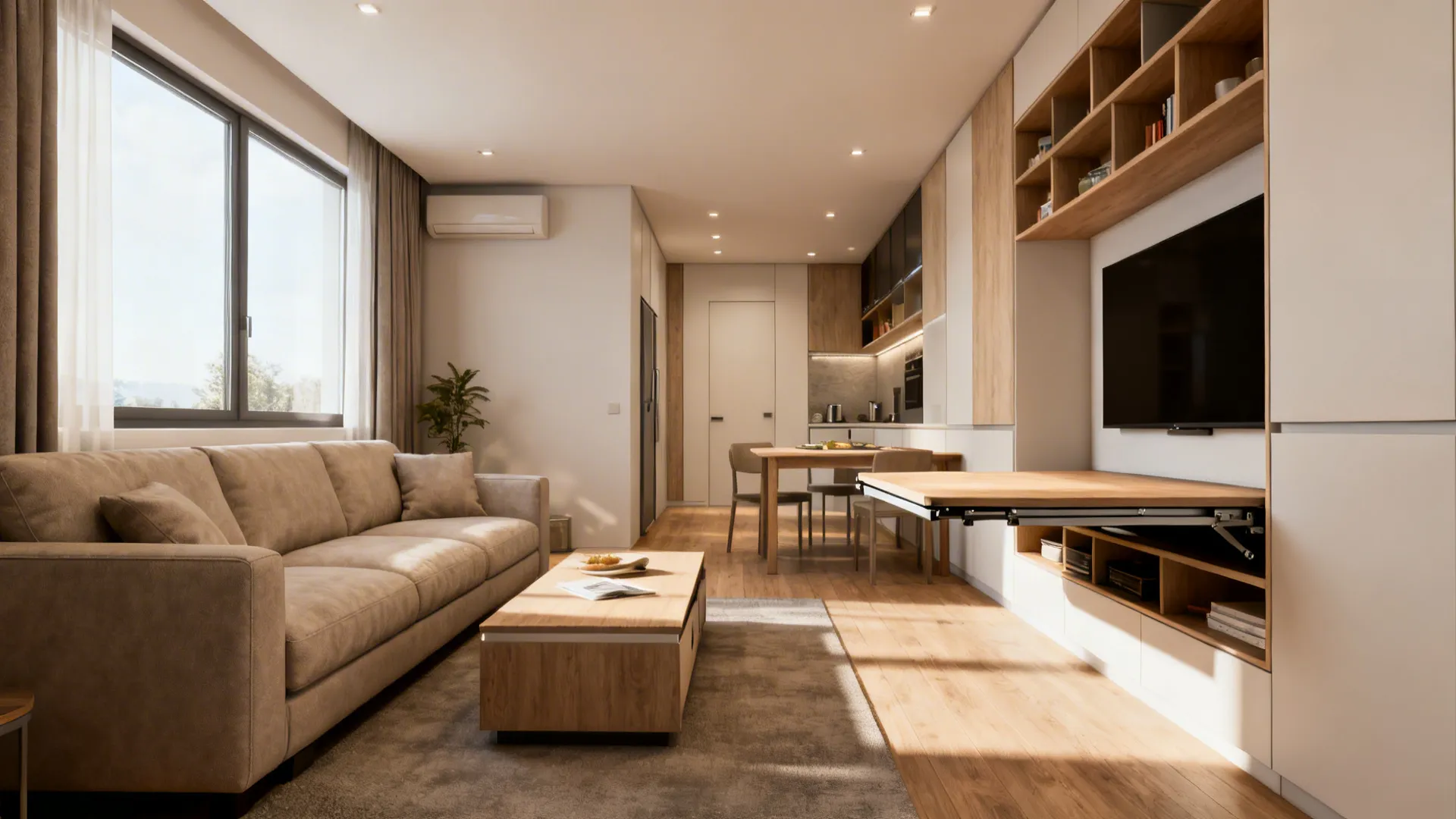 Modern living room with beige sofa and wooden coffee table featuring a pull out desk extension