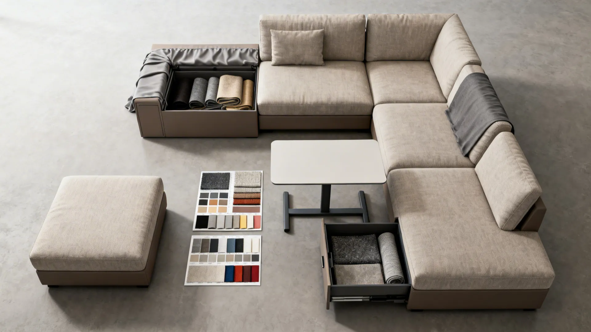 Top-down flatlay of multifunctional L-shaped sofa accessories including storage ottoman and fabric swatches