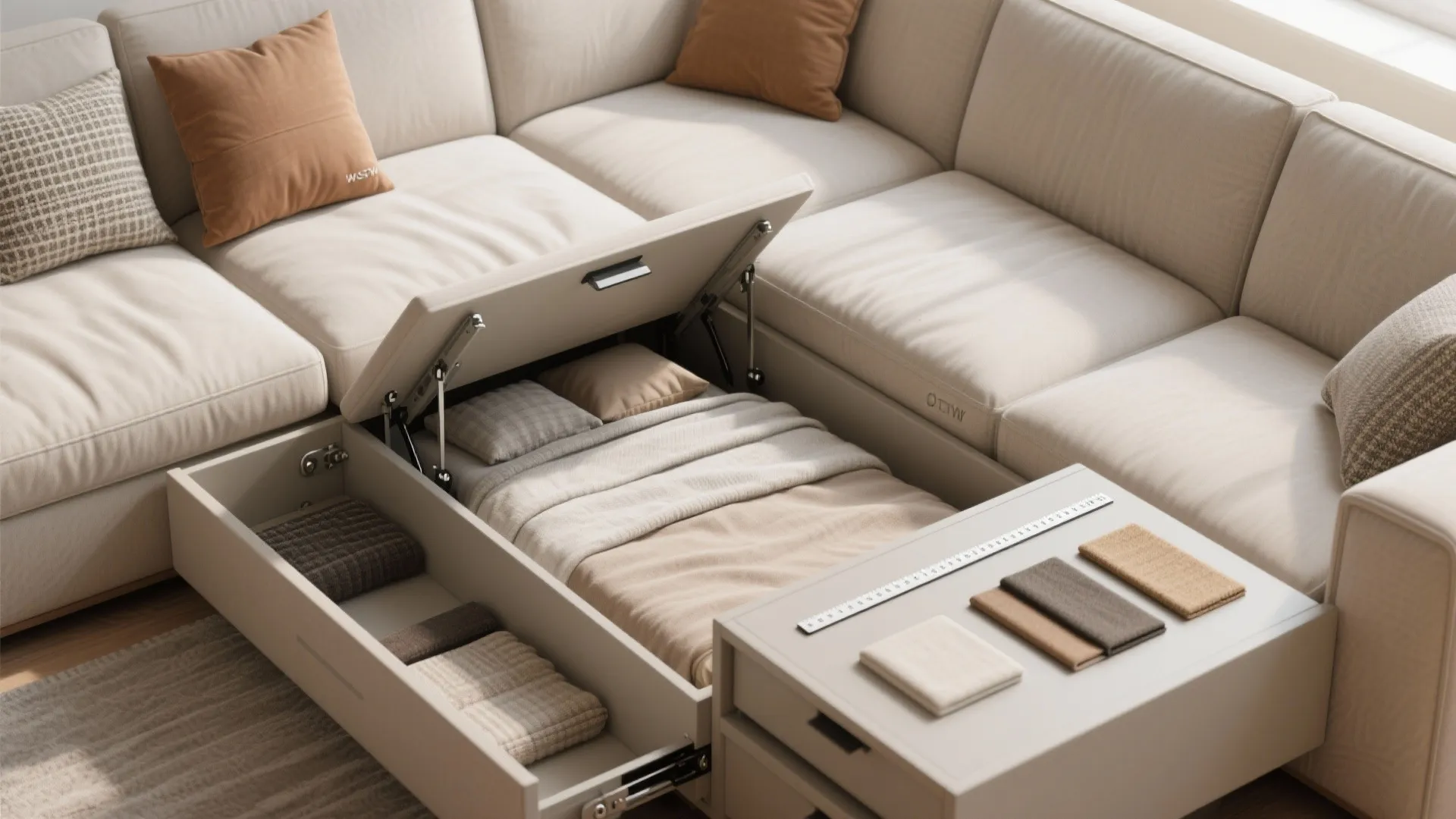 Functional sectional sofa with open storage drawers containing blankets and pillows for small apartment living