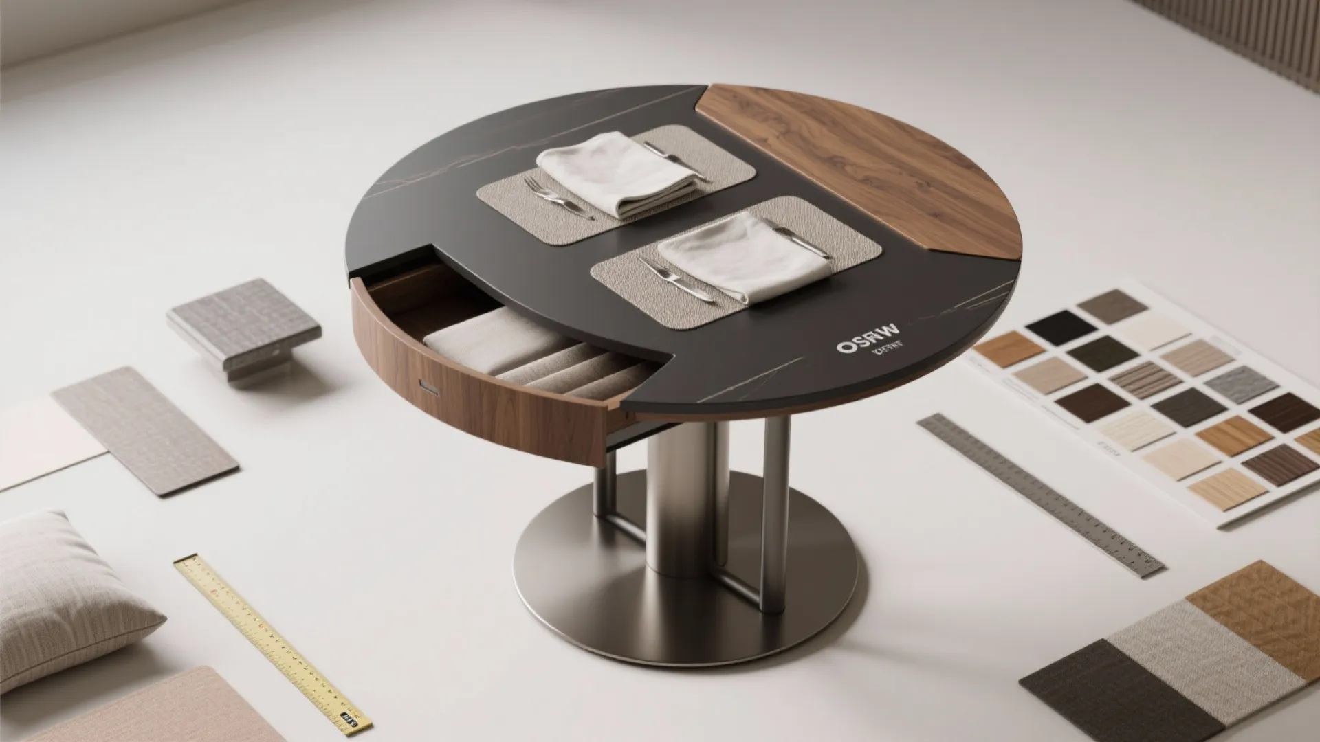 Modern round dining table with an open drawer showing fabric samples and dark stone top