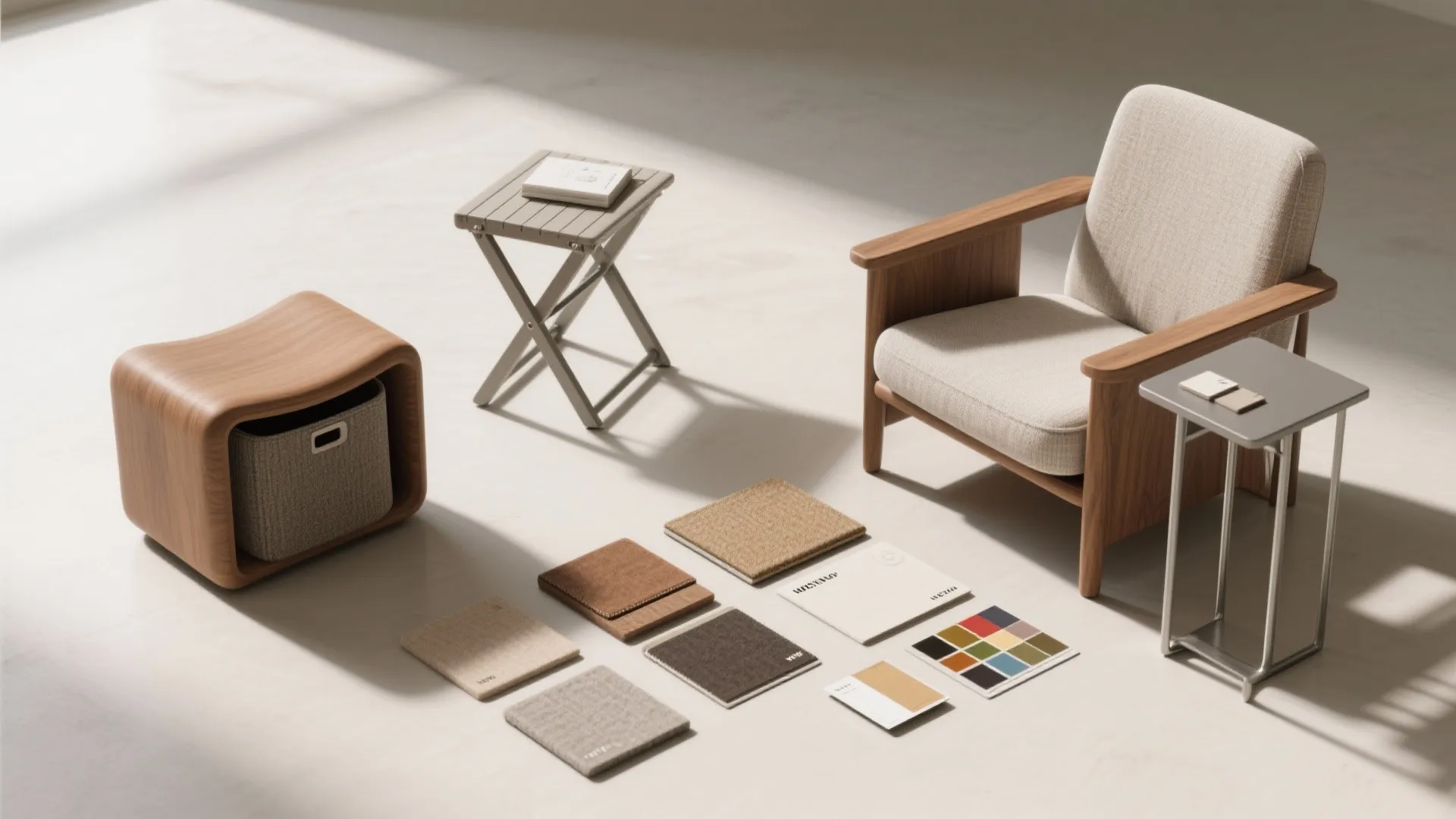 Modern furniture arrangement with wooden chair side tables storage basket and various fabric material color samples