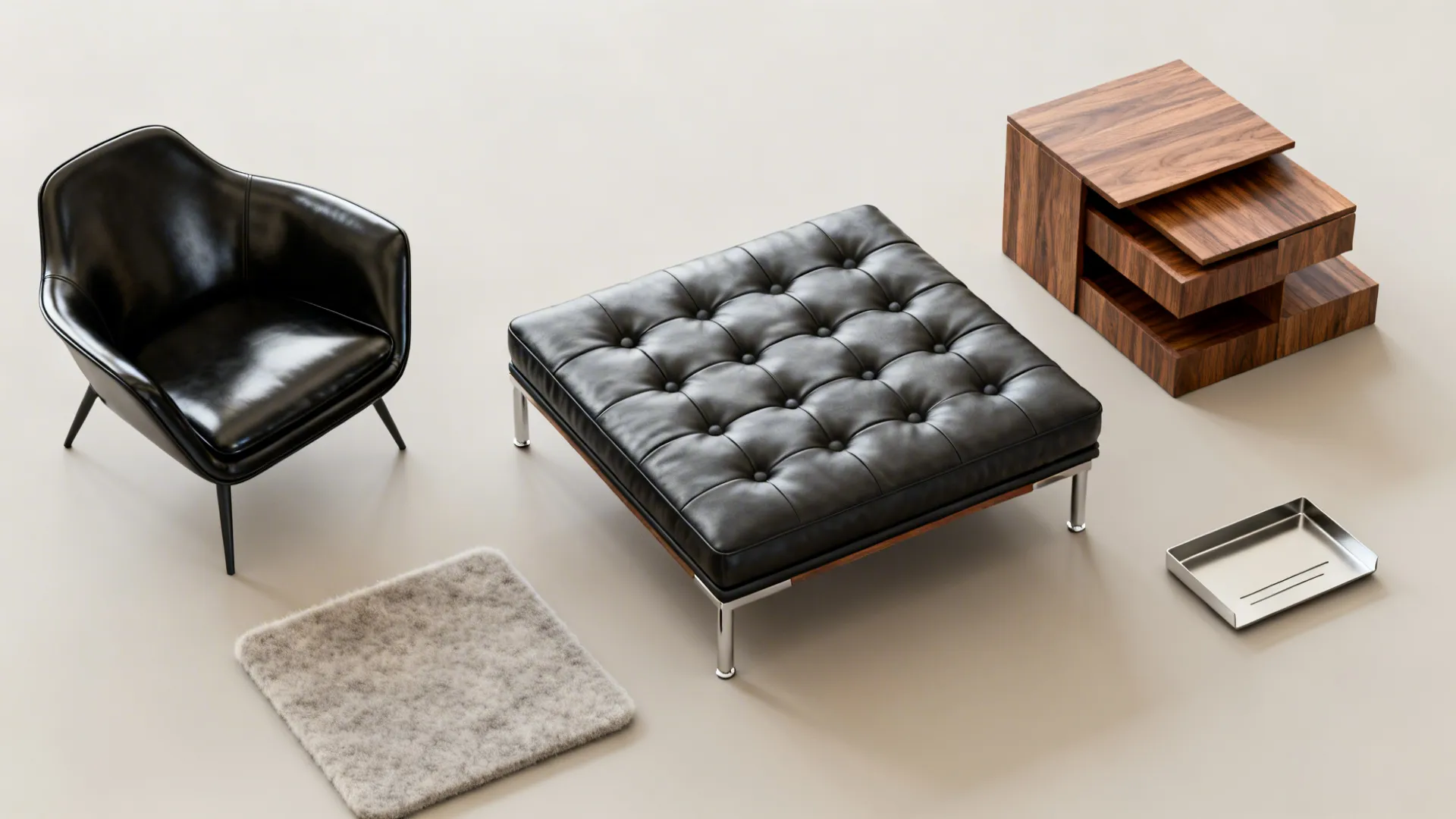 Top-down flatlay of black leather swatch, storage ottoman, nesting tables and felt pad samples