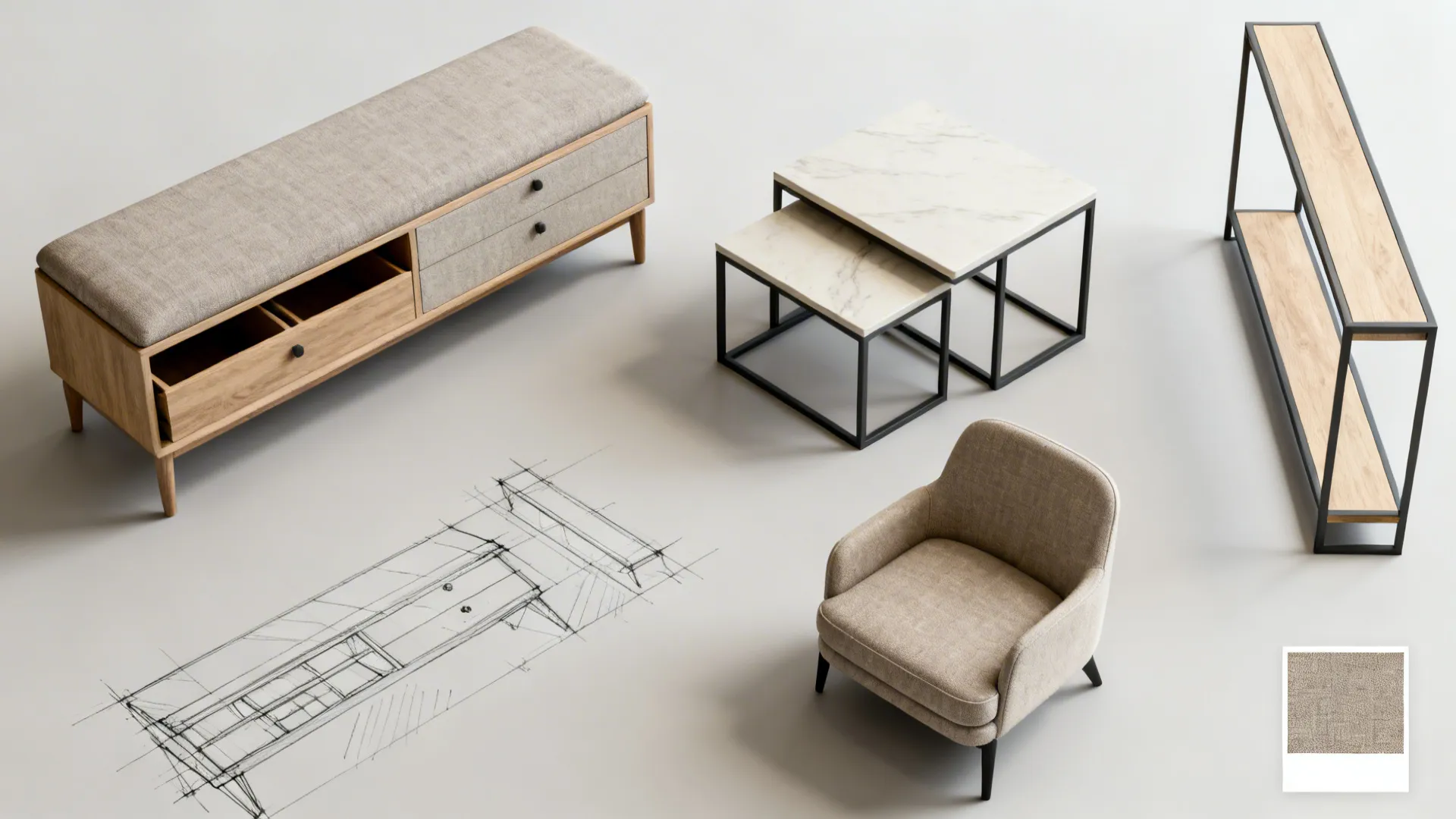 Modern furniture collection with wooden bench marble tables beige armchair metal shelf and a sketch