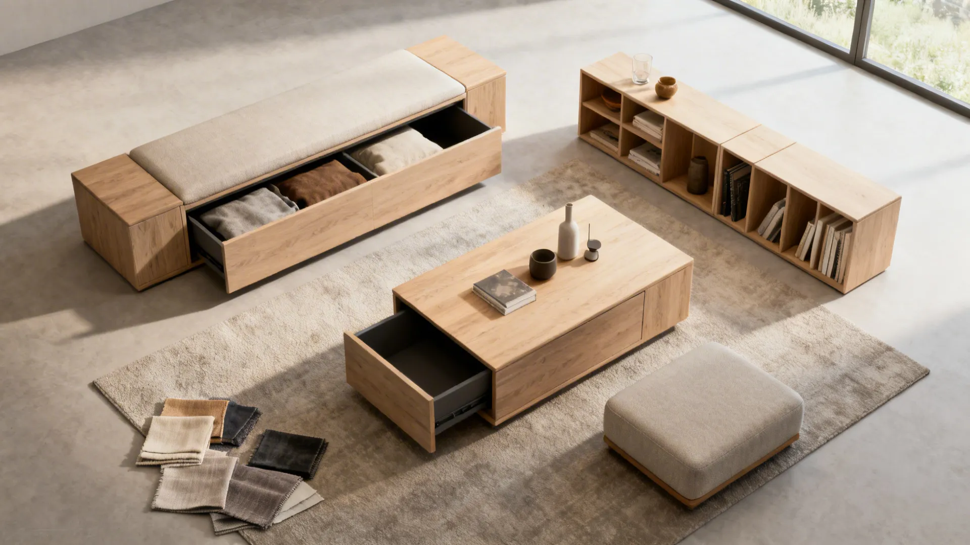 Flatlay of multifunction furniture pieces and material swatches for a small living room