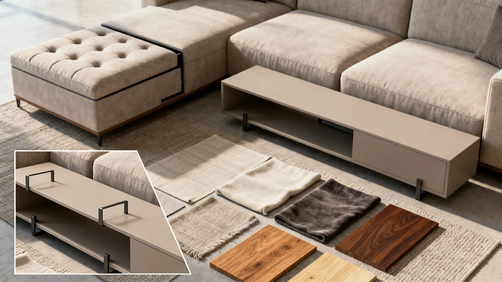 Material flatlay and installed examples of storage ottomans, a slim console, and floating shelf for an L-shaped sofa