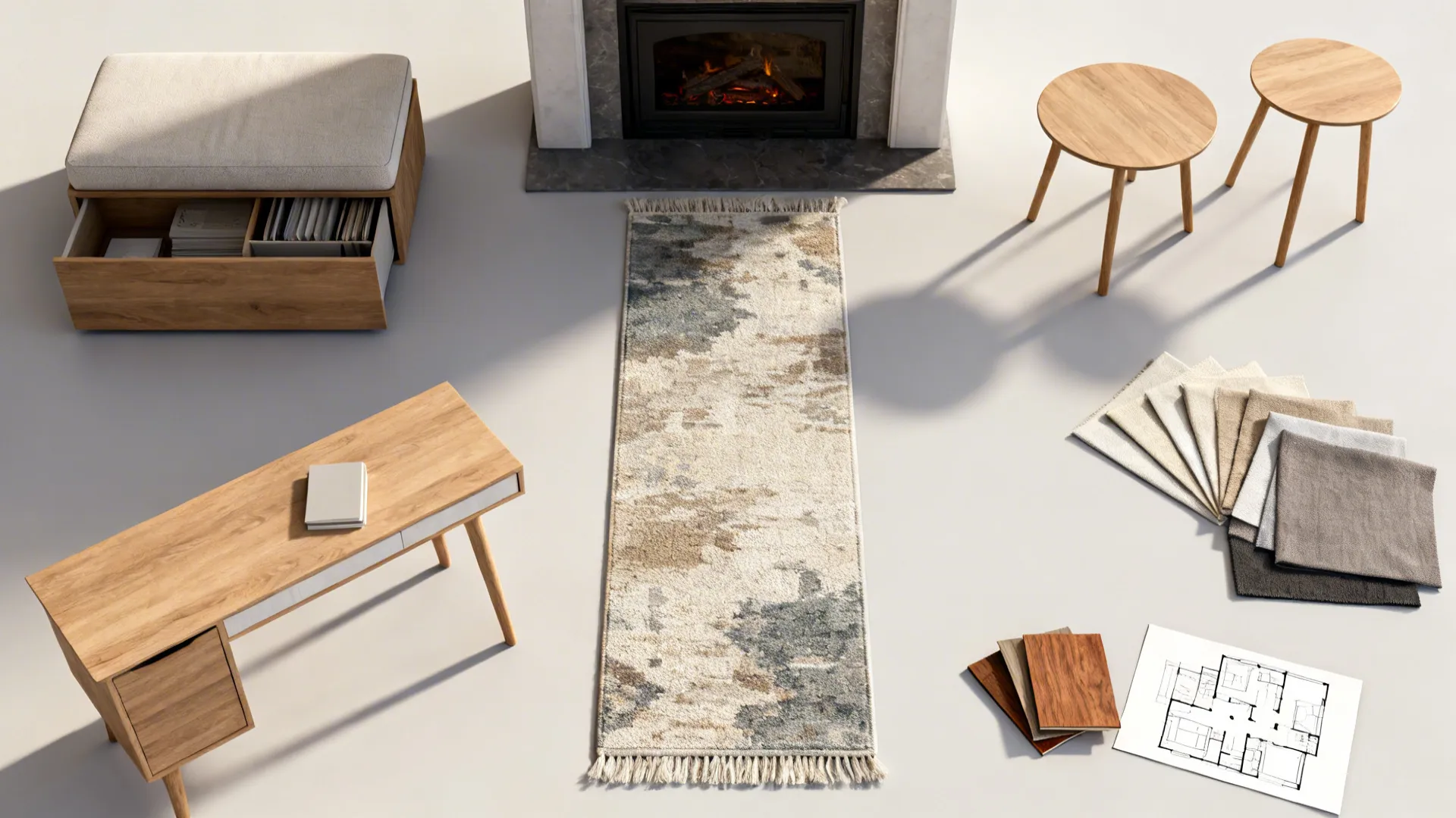 Flatlay of multi-functional furniture options and rug samples for small living rooms