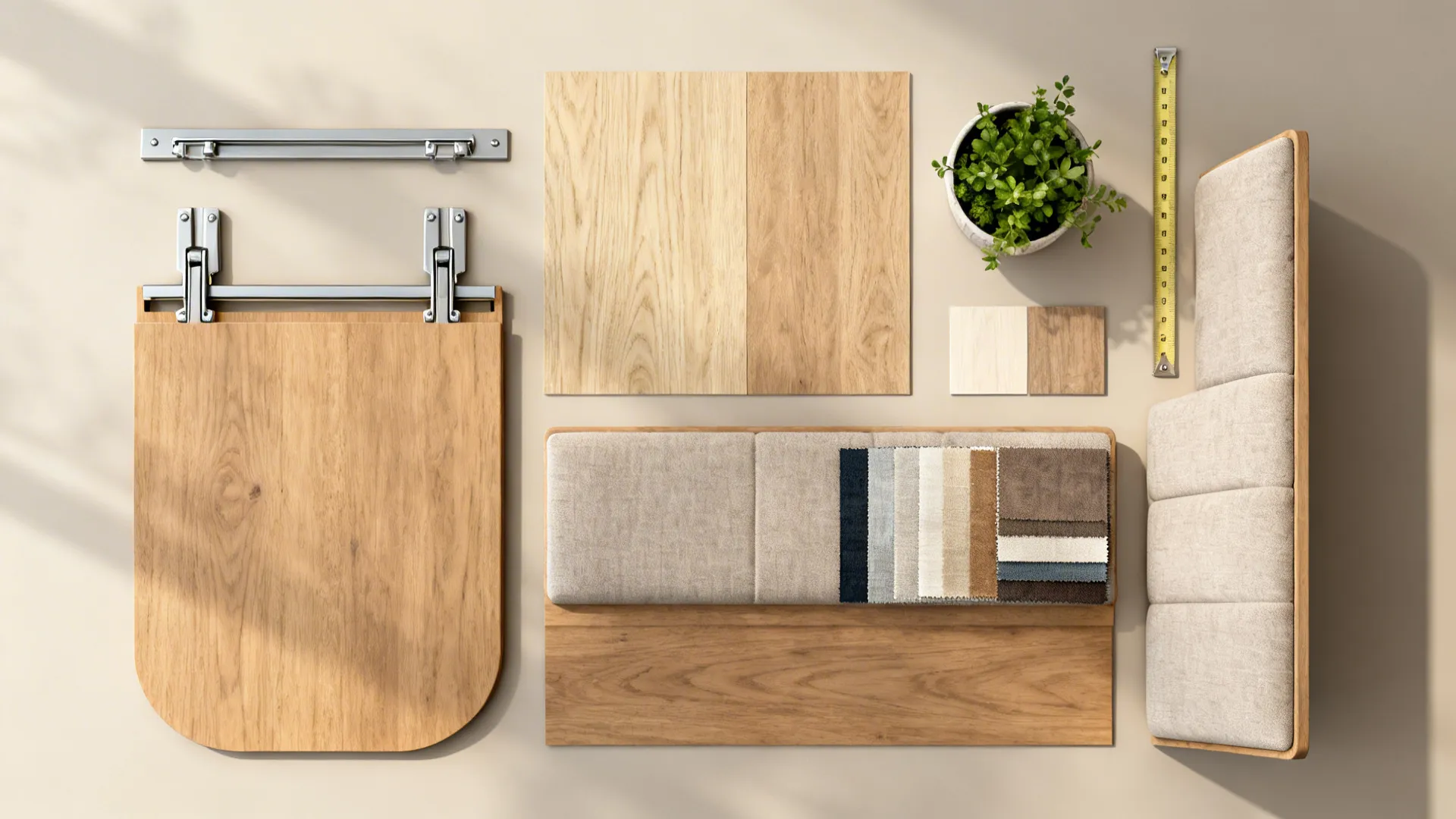 Flat lay of design materials with wood panels fabric samples small green plant and hardware