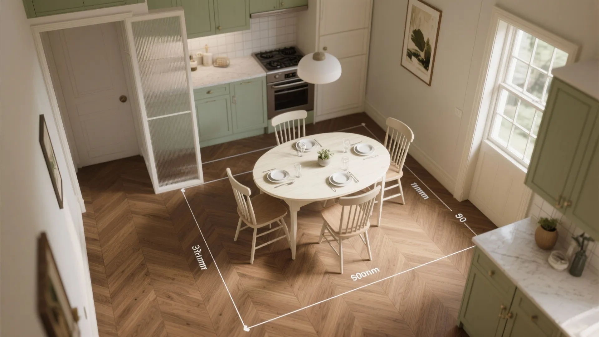 Top-down view of a drop-leaf oval table with taped 90 cm circulation lines and a slim partition showing improved flow.