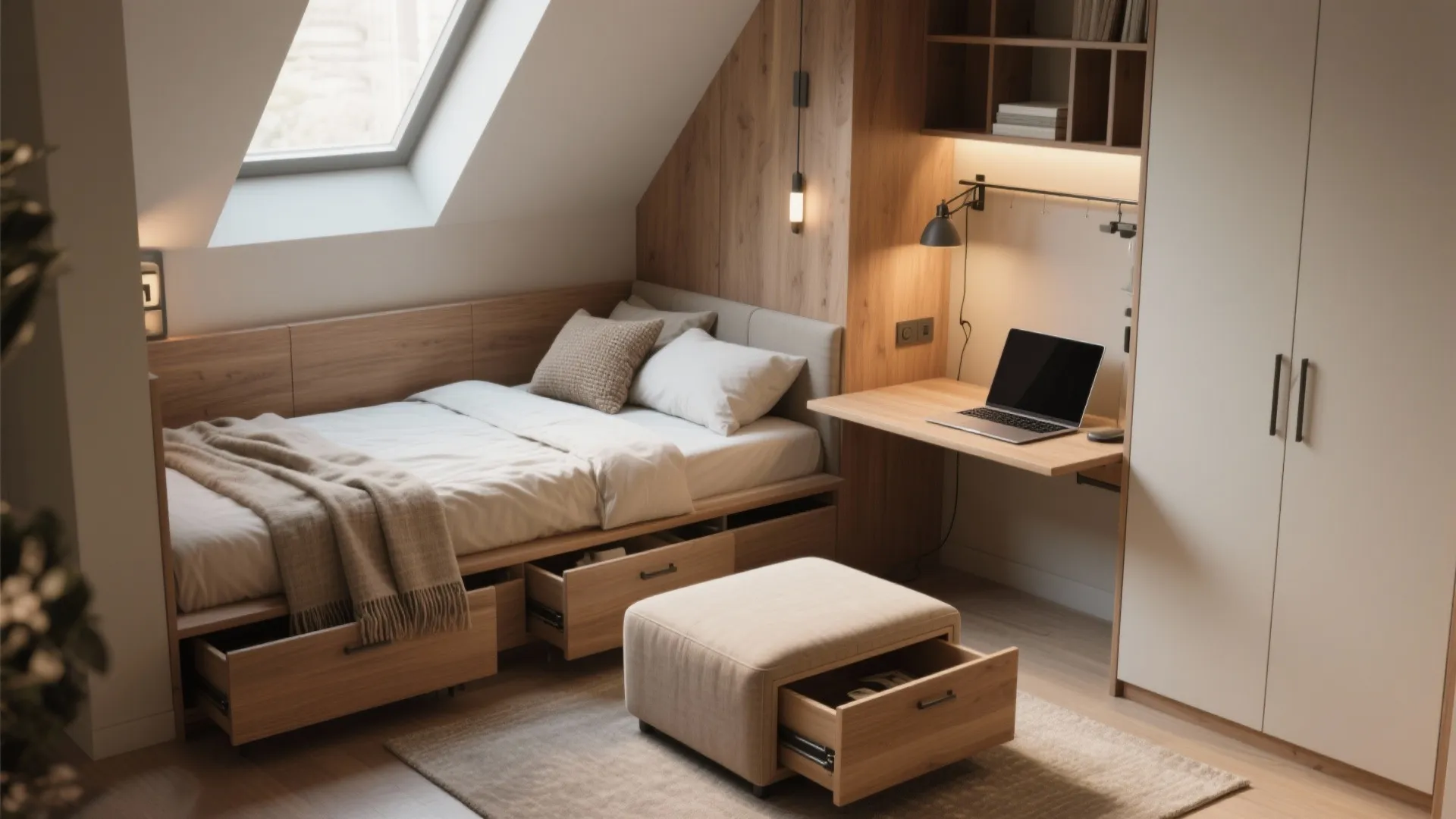 Small attic bedroom with storage bed desk wood wall panel and footrest with open drawer