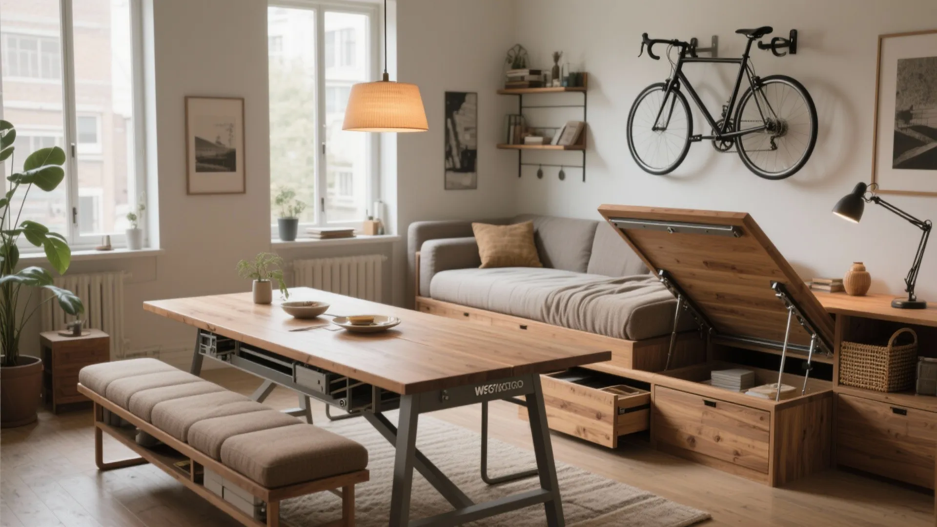 Small living room featuring multifunctional wooden table storage sofa bicycle wall mount and grey seating area