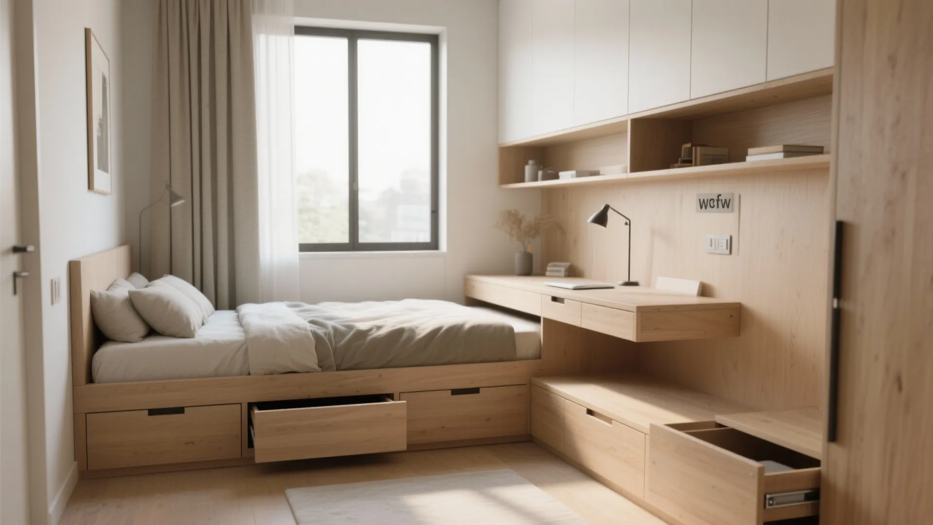 Compact bedroom featuring a daybed with drawers, a fold-down desk, and storage bench in warm daylight.