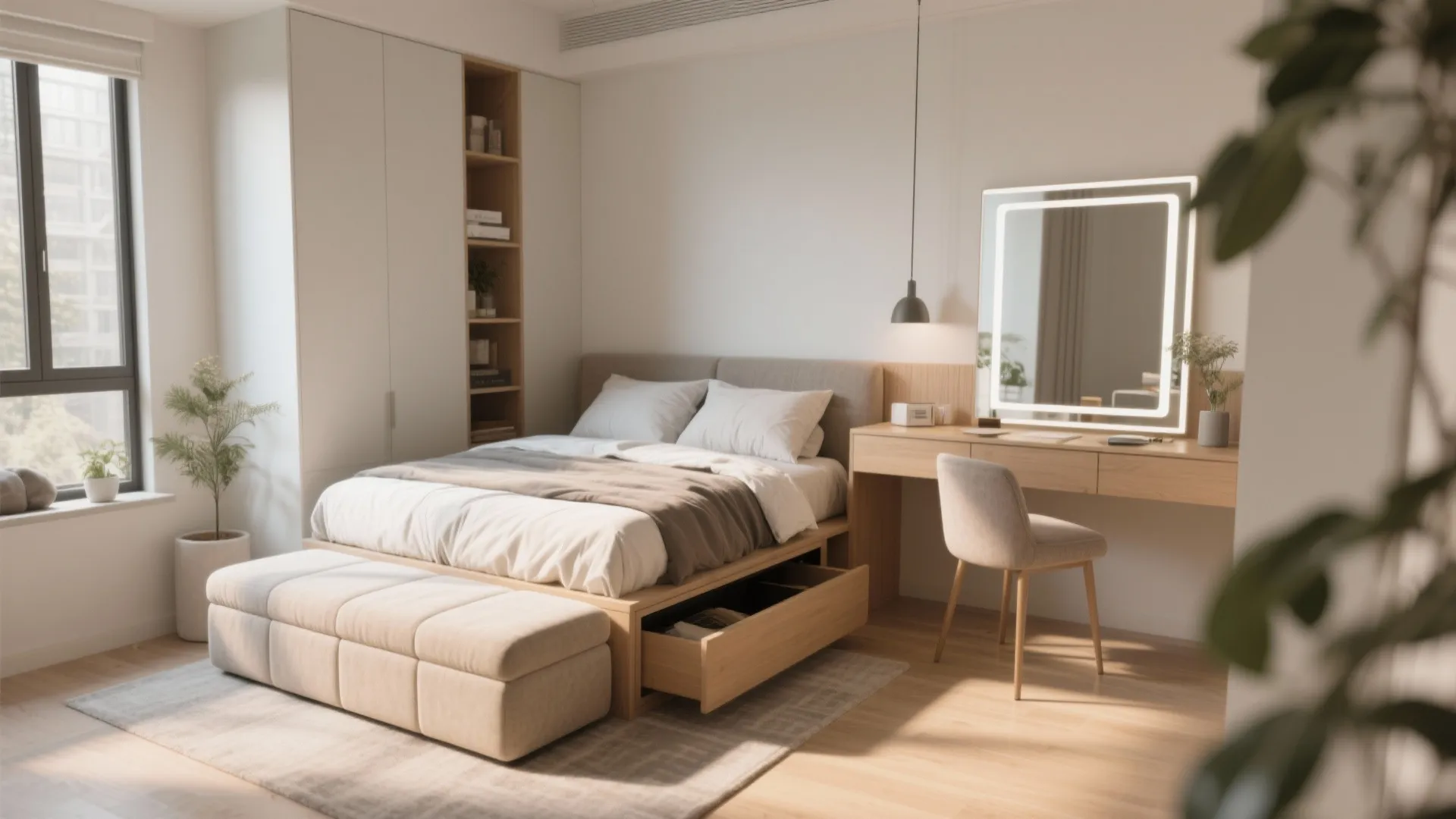 Bedroom with wooden bed featuring storage drawers and a matching desk with a large glowing mirror