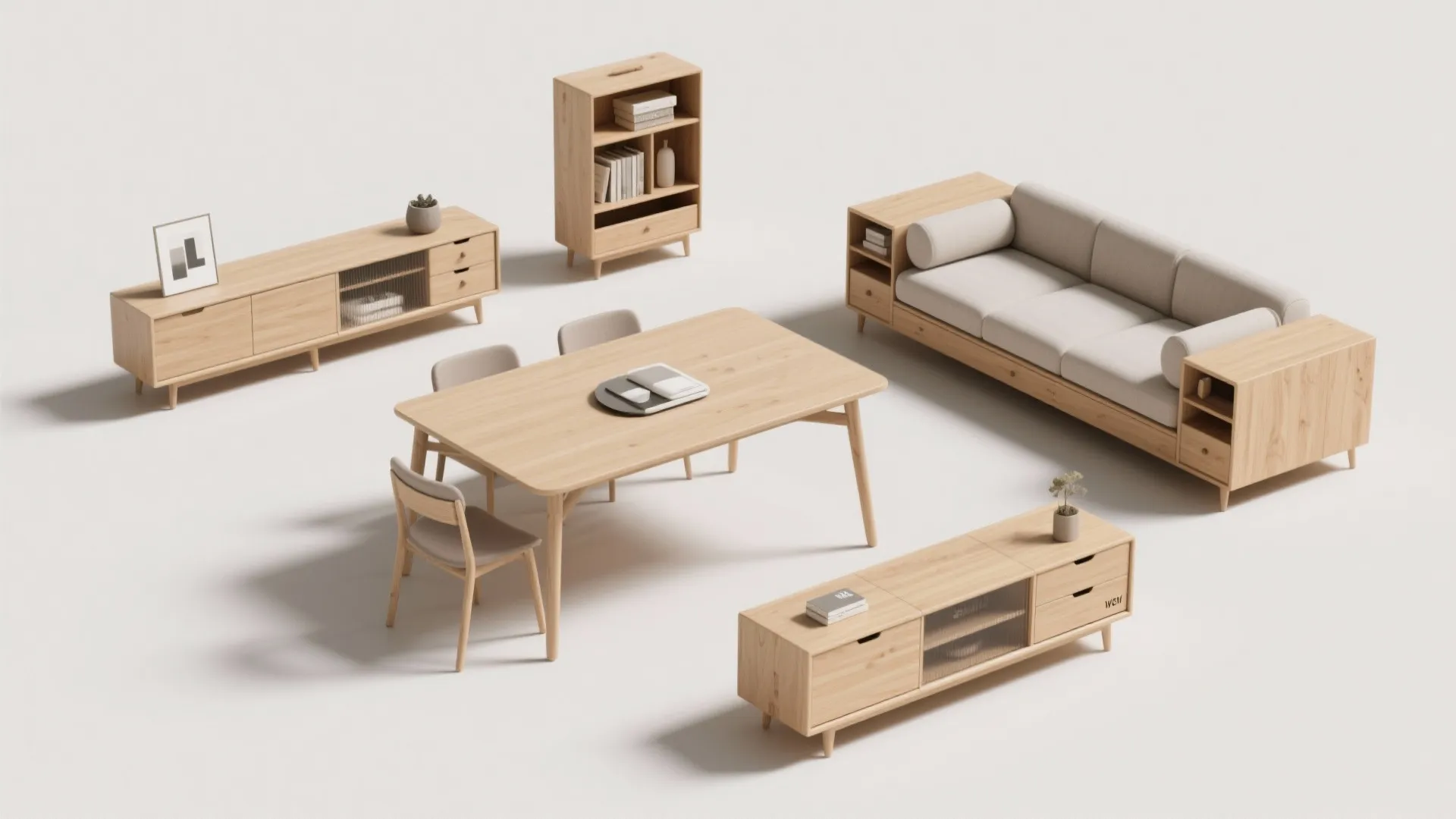 Flat lay of multi-functional furniture for compact living