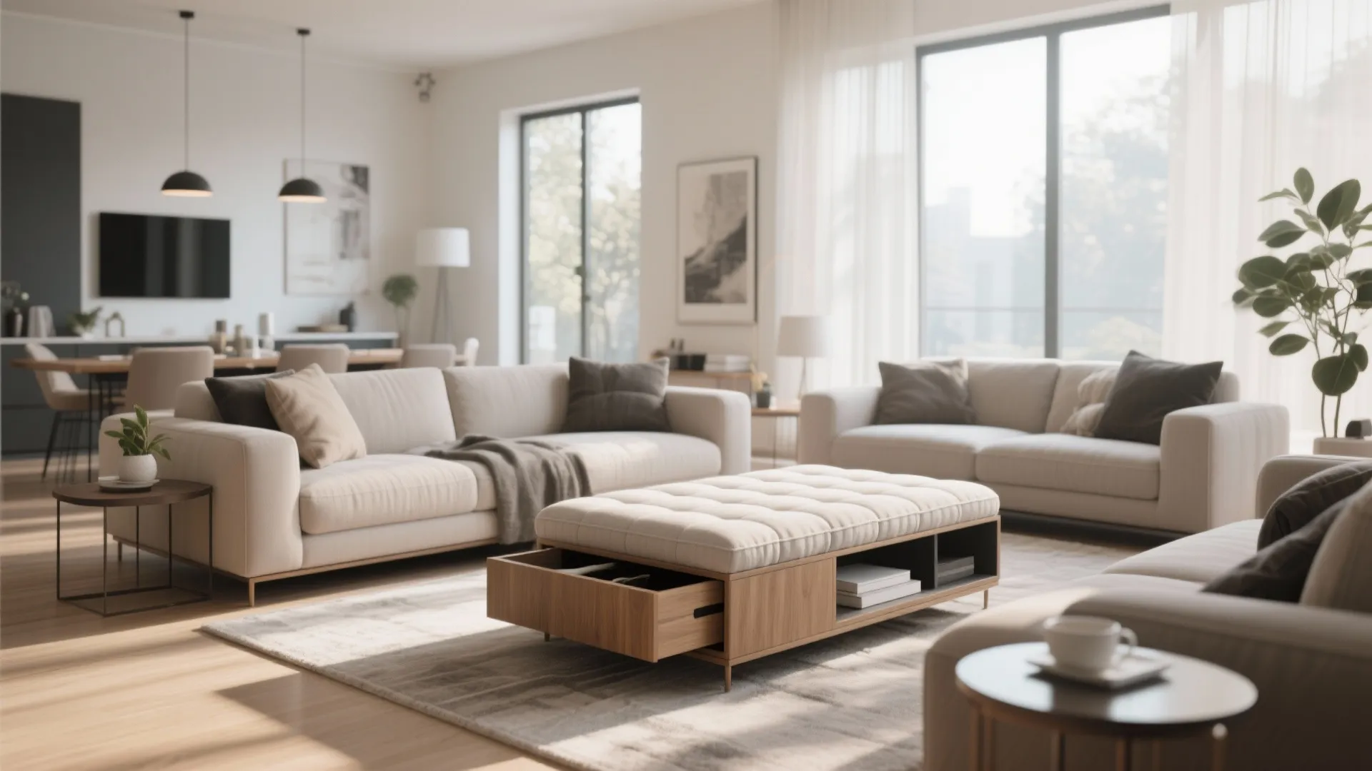 Modern living room with beige sofas and a wooden footrest with drawer for hidden storage