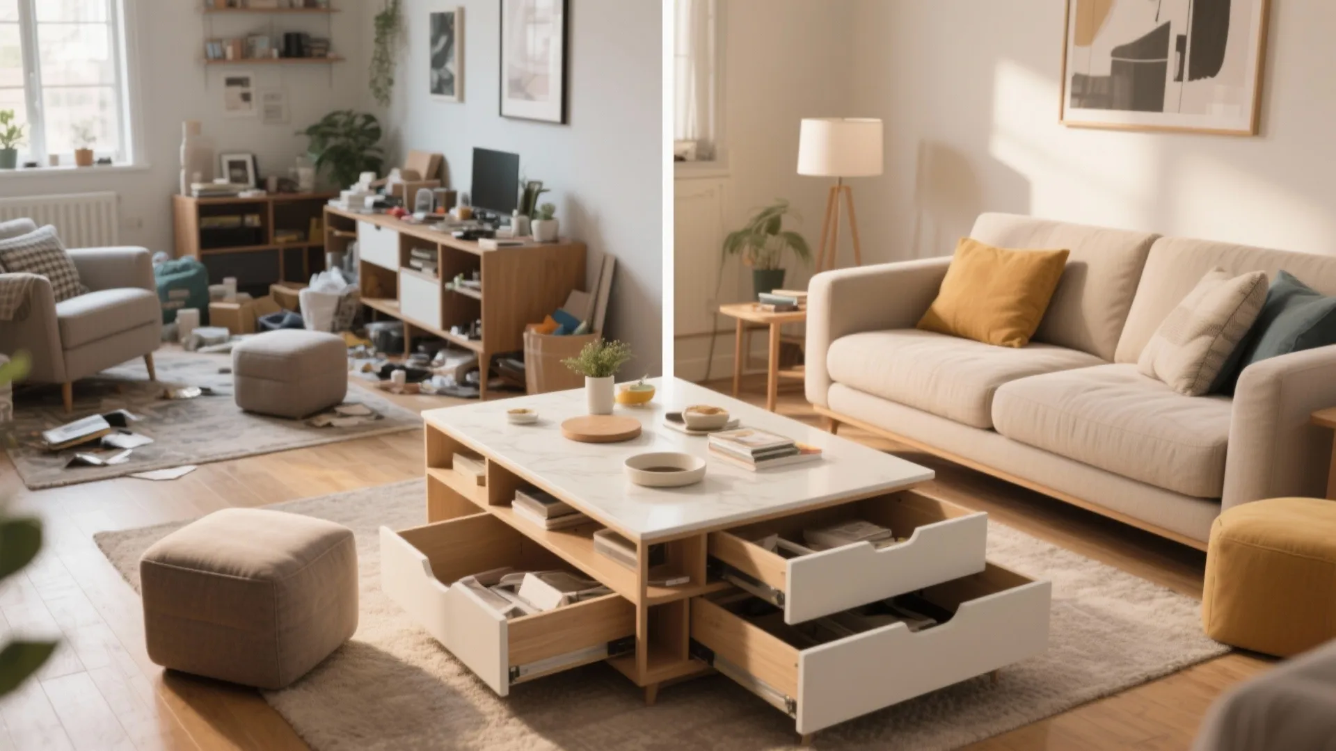 Before and after of living room with multifunctional furniture upgrade