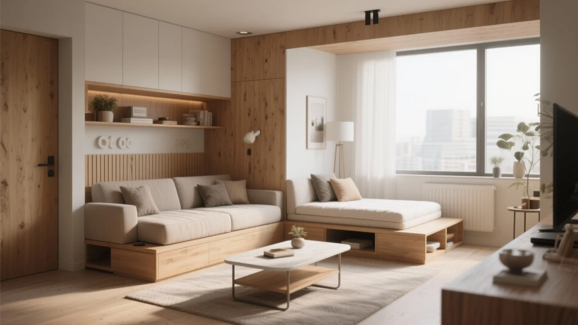 Modern living room with cream sofa and bed featuring wooden storage drawers and white cabinets