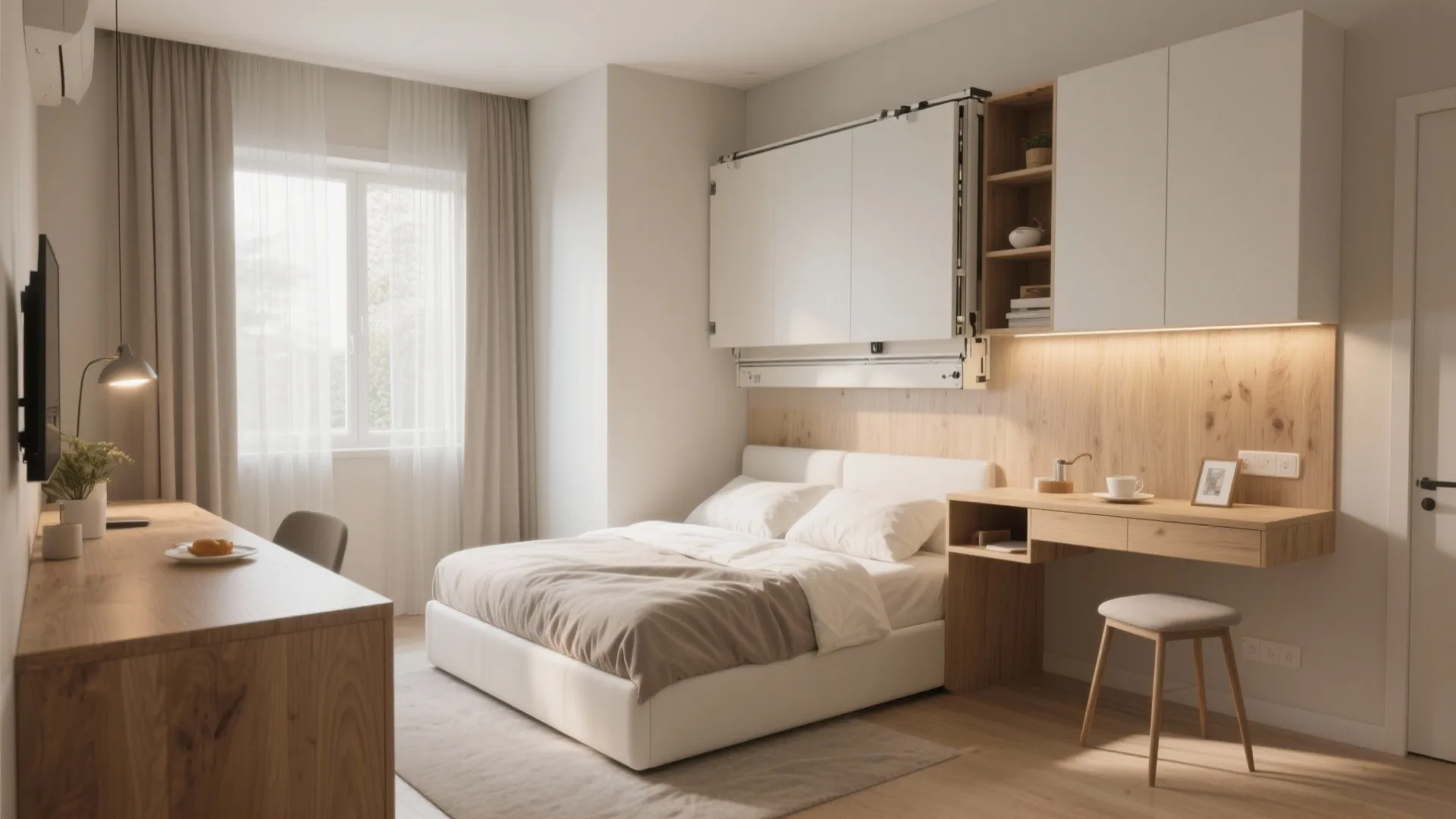 Functional bedroom interior with a white bed, wooden desk, wall cabinets, and simple storage design