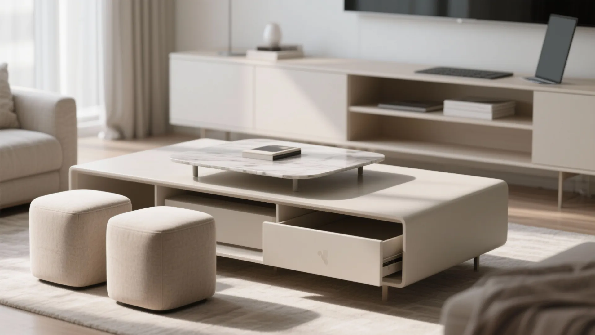 Modern light beige coffee table with an open drawer plus two square footrests and cabinet