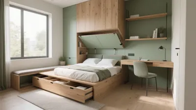 Space-Saving Bedroom with Built-In Storage & Desk