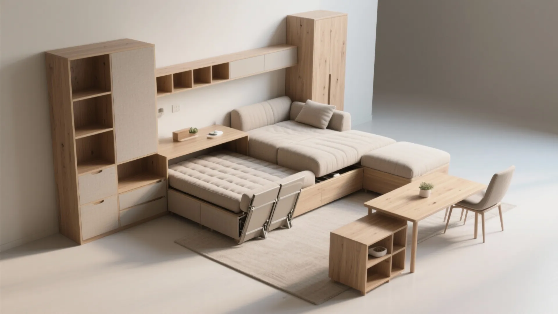 Collection of multi-functional furniture: sleeper sofa with storage and a foldable dining table in neutral finishes.