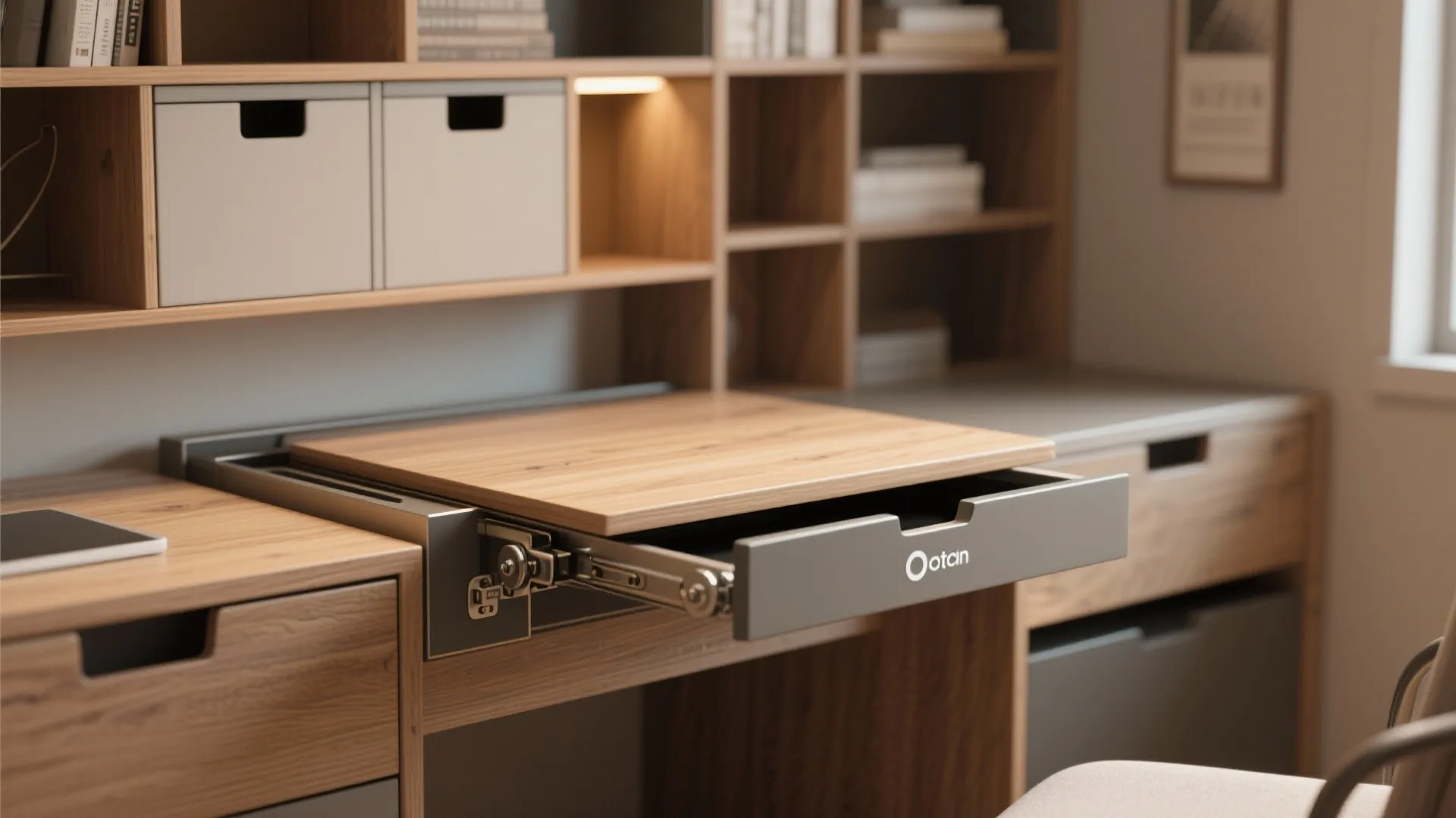 Close-up of multifunction furniture features like fold-out desk and hidden storage for small-space living.