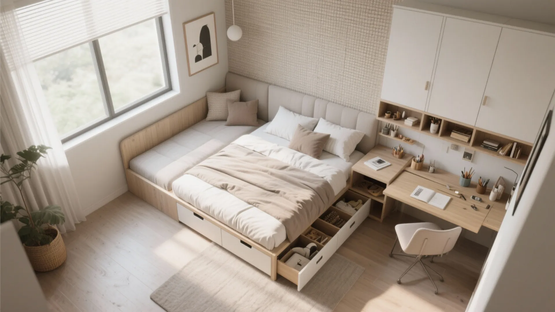Top-down view of a tiny bedroom layout with multi-function furniture like a storage daybed and fold-down desk.