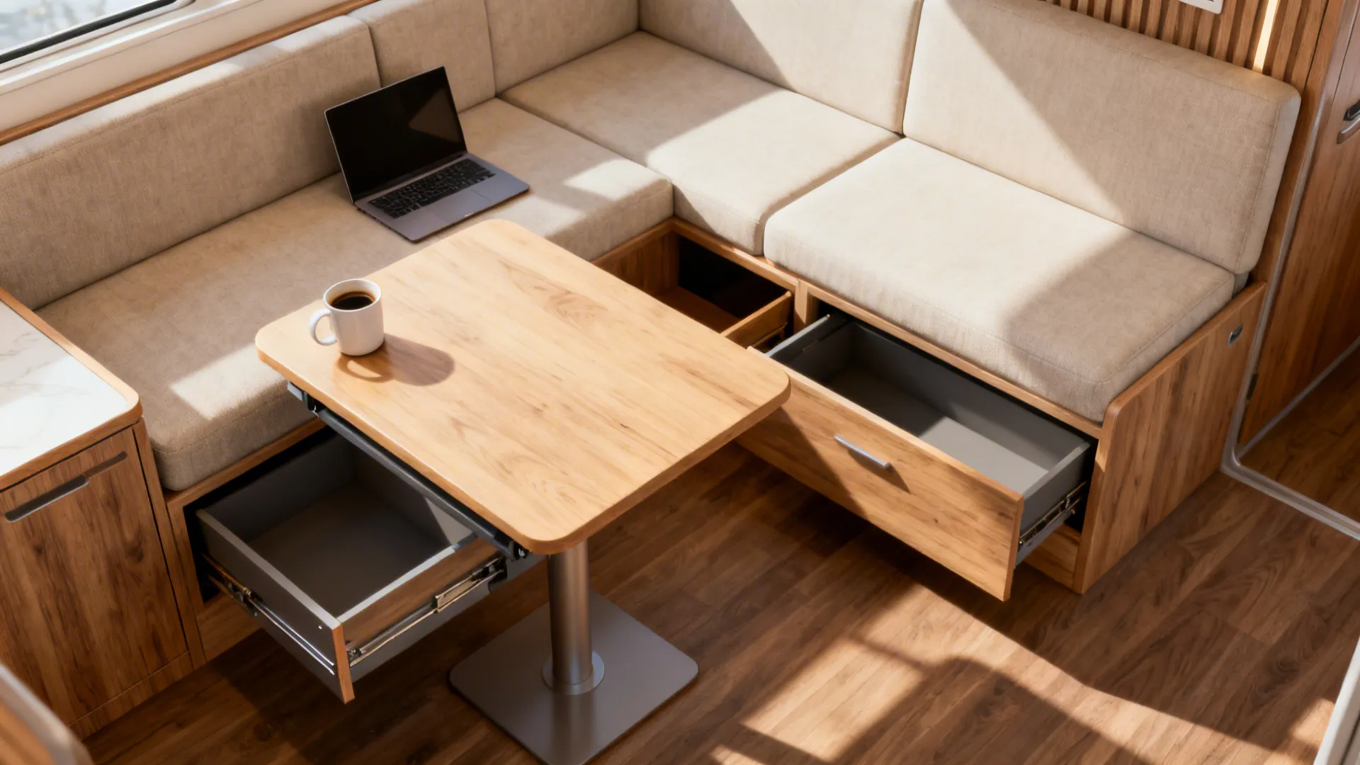 Lift-top coffee table and sofa with hidden storage demonstrating multi-function furniture in a small living room