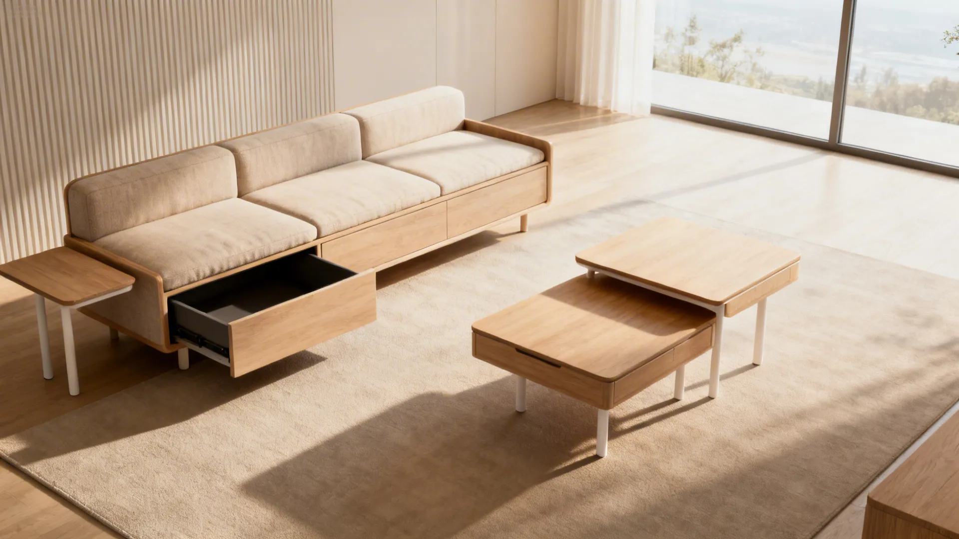 Beige sofa with open storage drawer and wooden coffee tables in a bright sunlit room