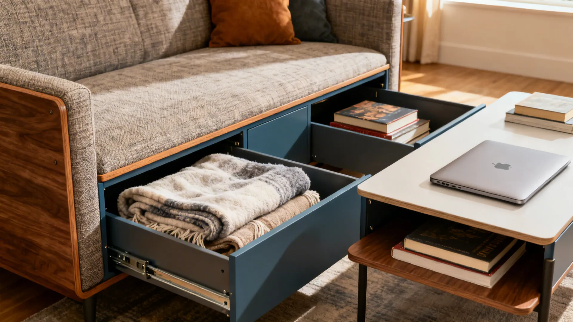 Sofa with hidden storage drawers and a coffee table converted to a desk in a small living room.
