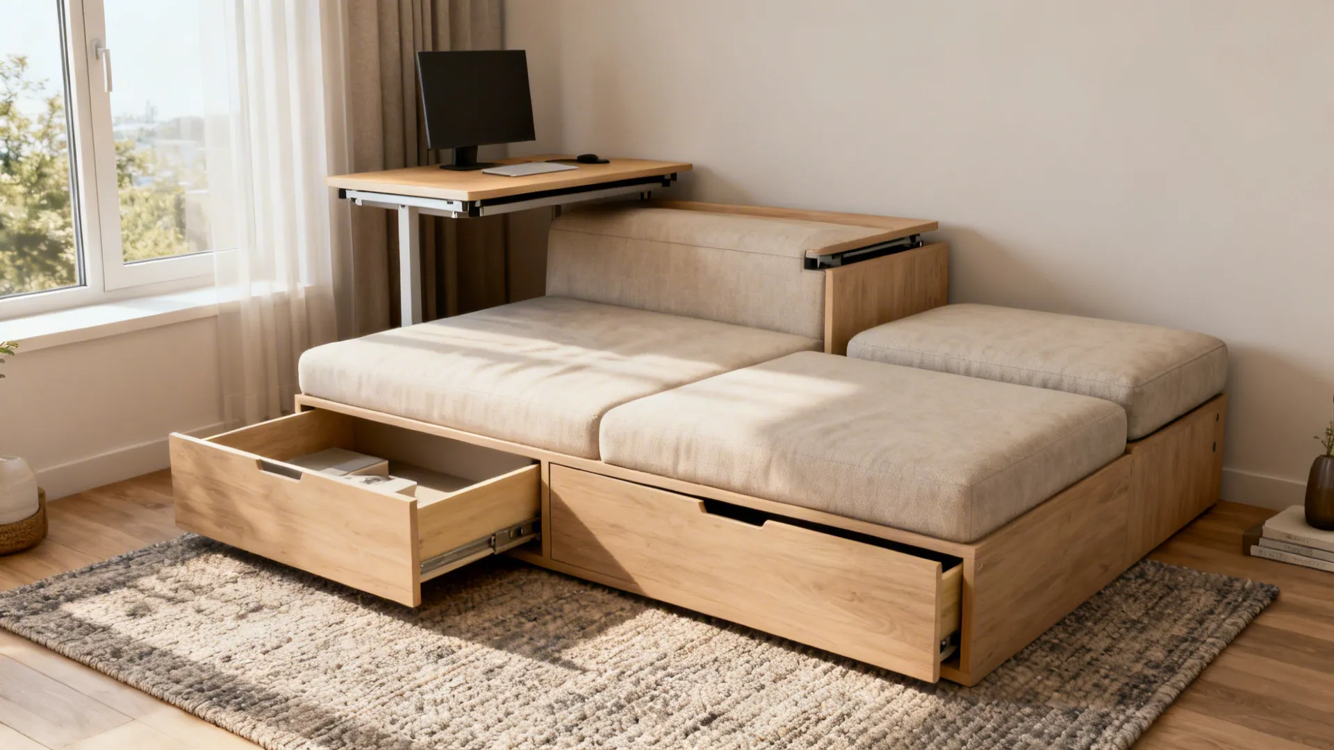 Small living room with a low-profile daybed with storage drawers, storage ottoman and a slim desk behind the sofa.