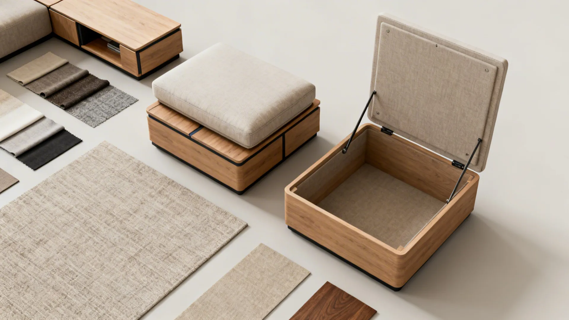 Flatlay of multi-functional furniture: storage ottoman, nesting tables, fabric and wood samples.