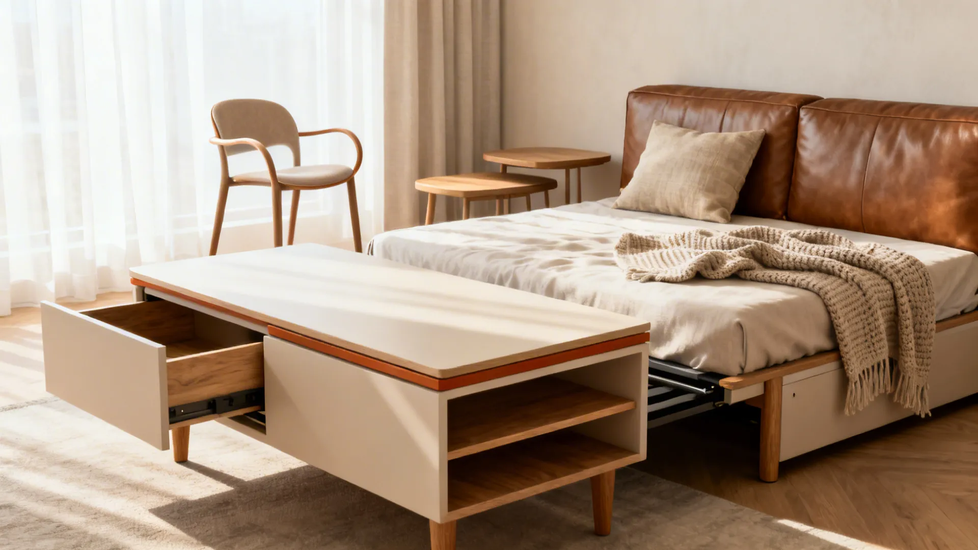 Small living area with a sofa bed, lift-top coffee table, and nesting tables showing multi-functionality