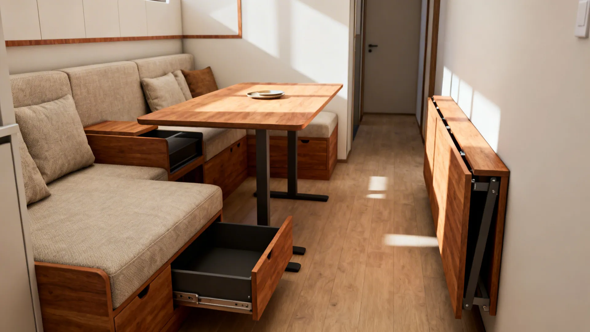 Small living room showing sofa with hidden storage and a convertible coffee-to-dining table in use.