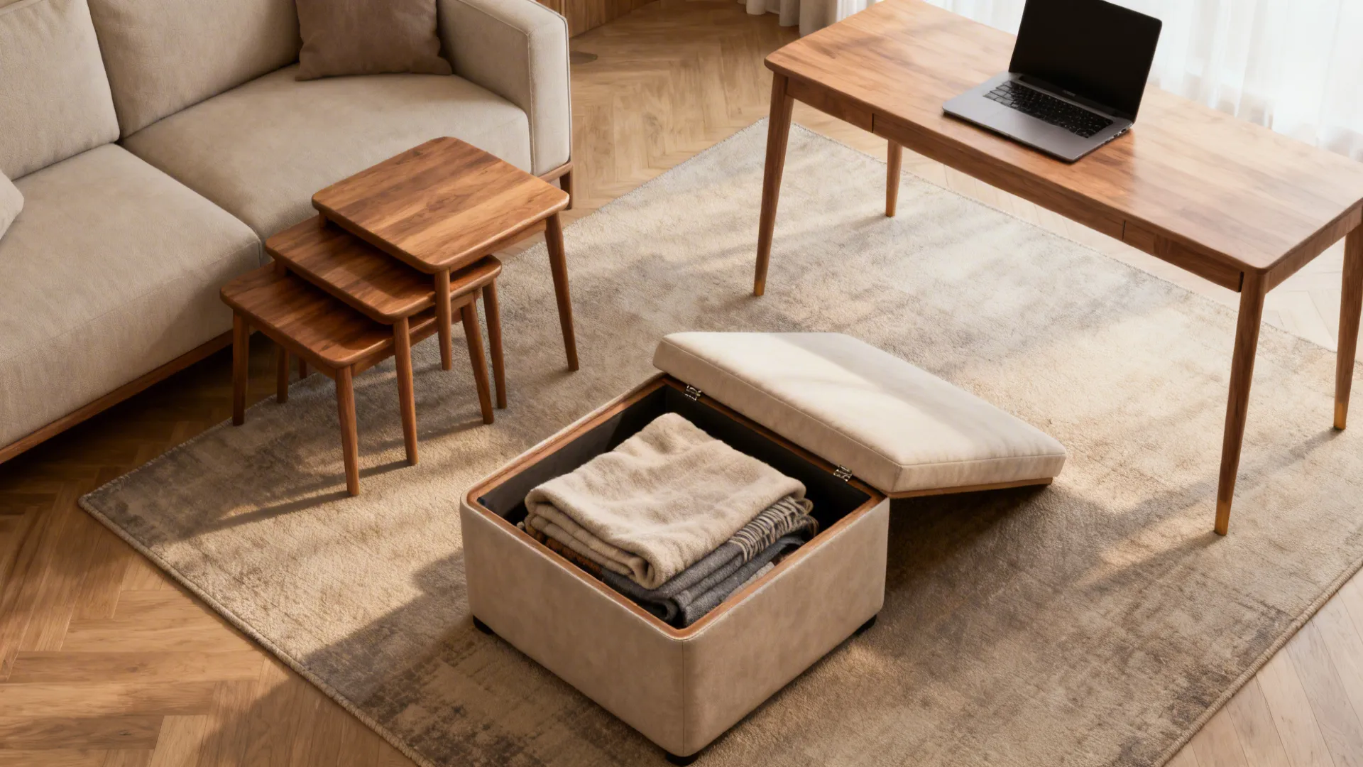 Storage ottoman, nesting tables and console-desk showing multi-functional living room furniture.