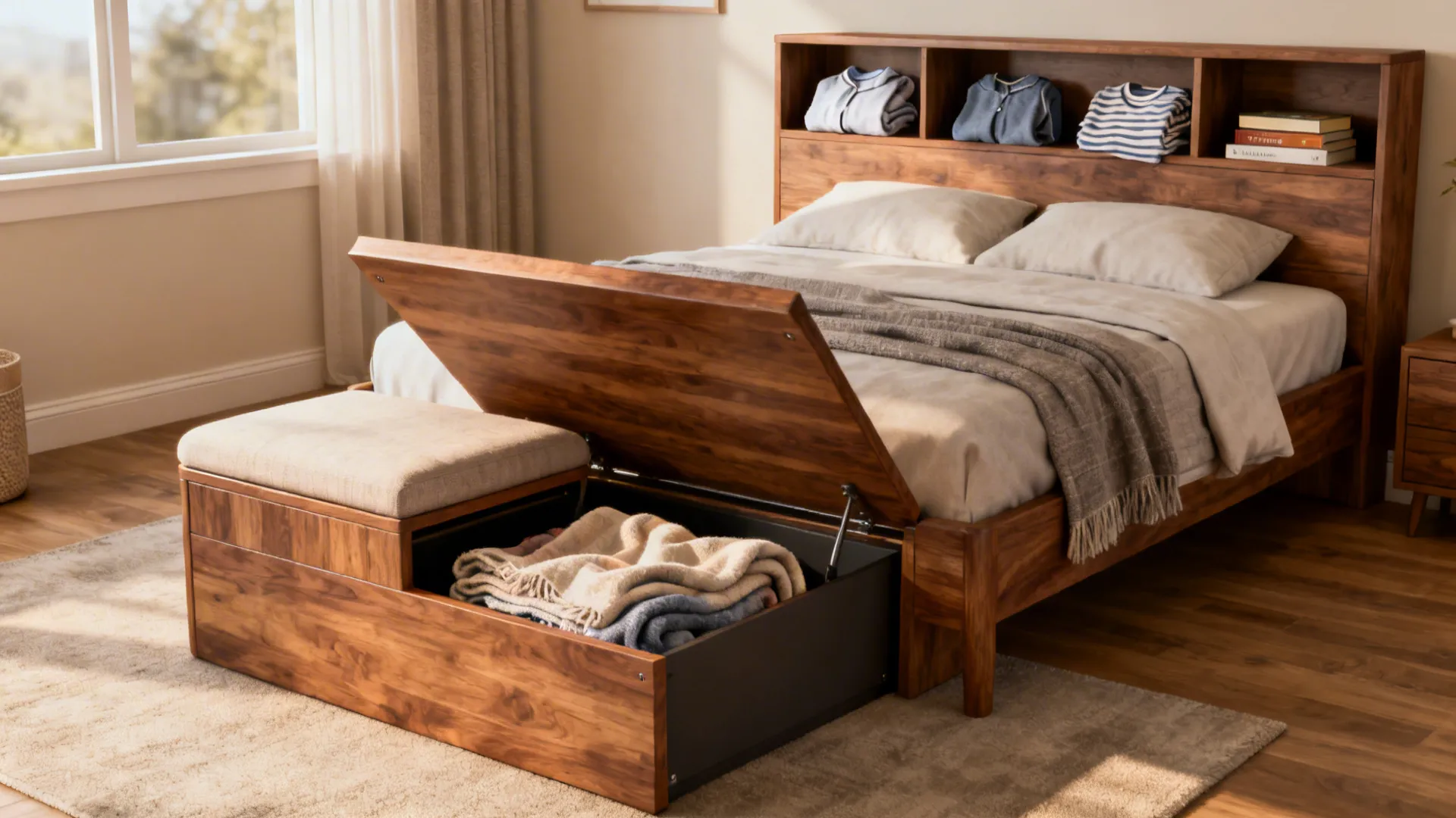 Storage bench, headboard cubbies, and ottoman with hidden storage in a compact bedroom.