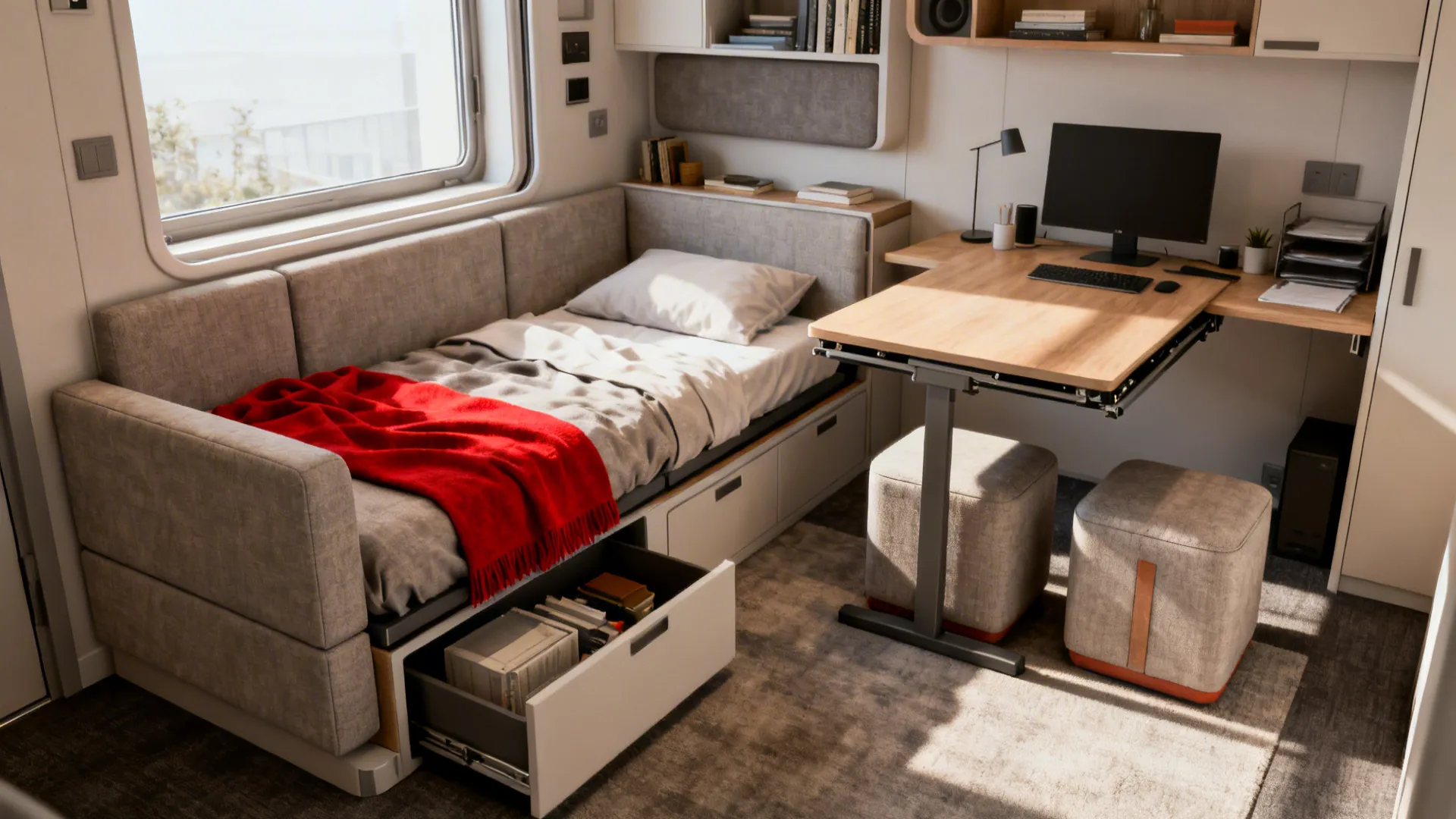 Modular sofa-bed and fold-down table in a compact apartment demonstrating multifunctional zoning.