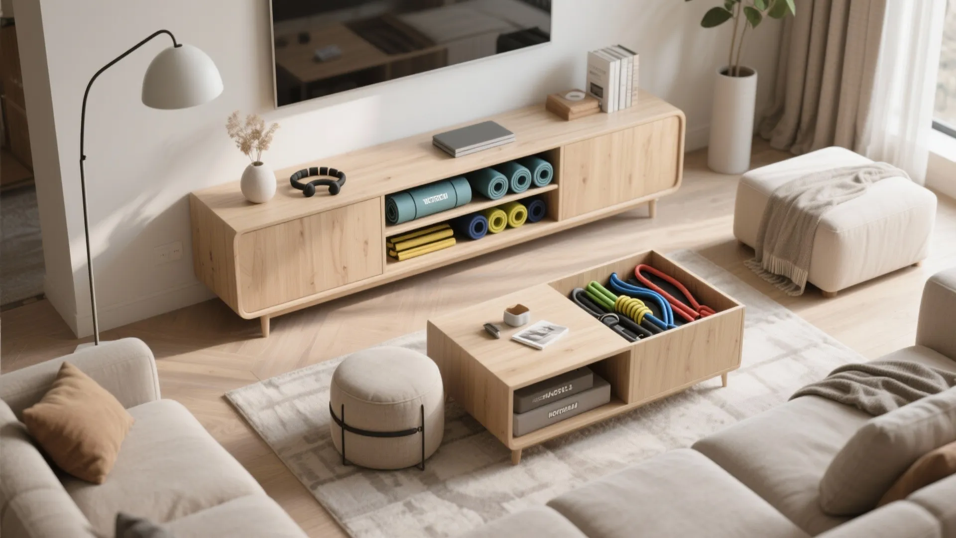 Flat lay of multifunctional furniture for organizing fitness gear