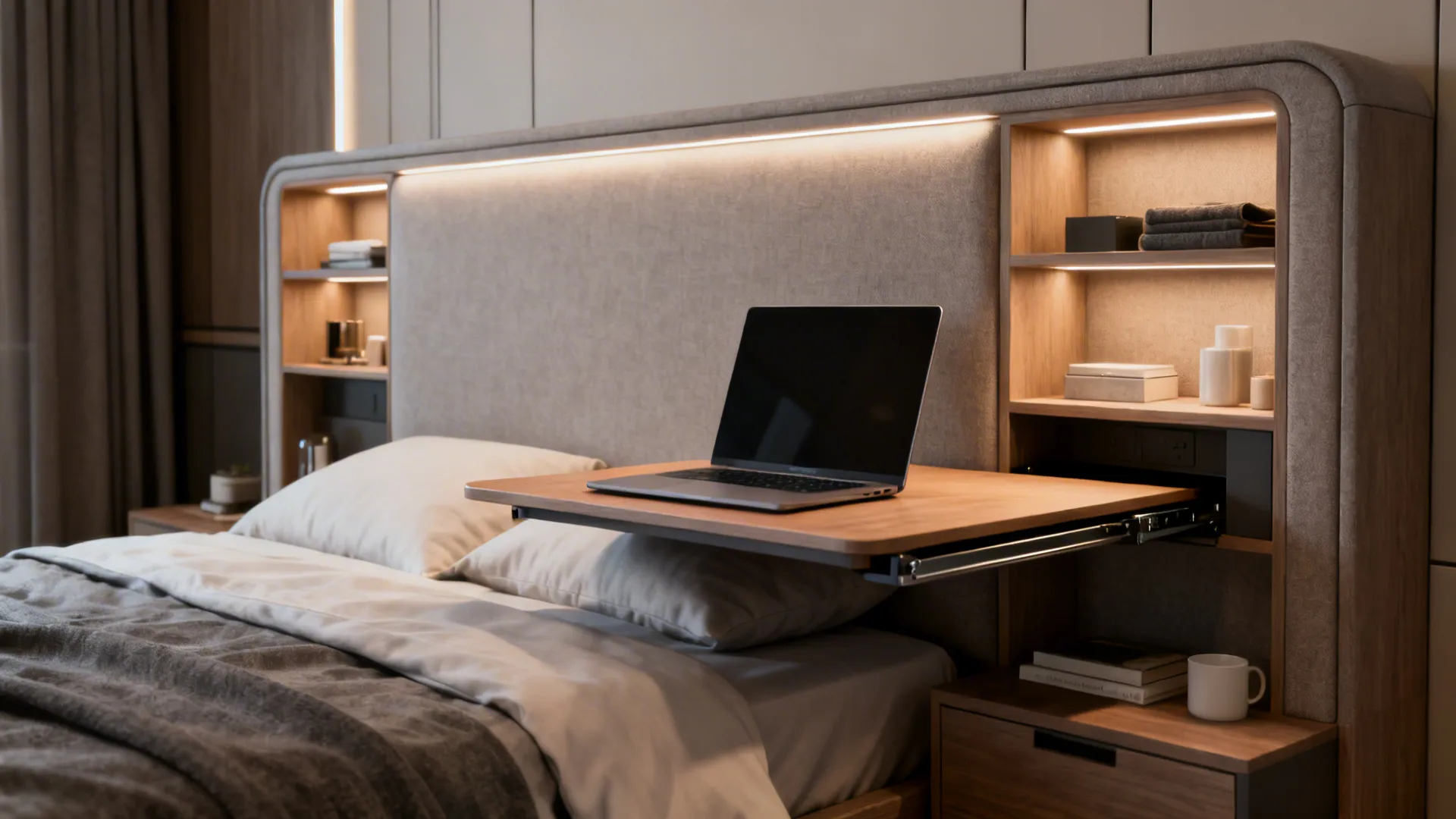 Multifunctional headboard with recessed cubbies and a fold-out laptop shelf in a compact king bedroom