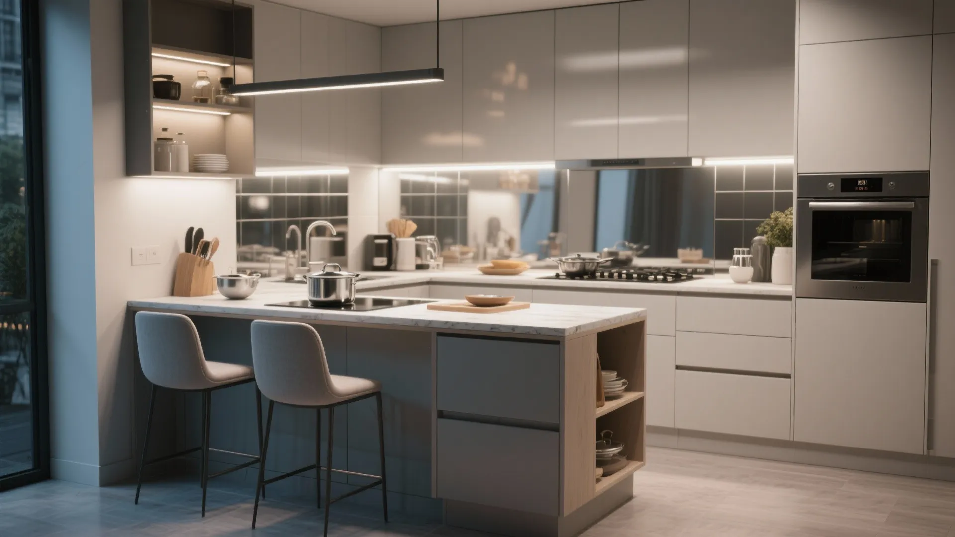 Modern kitchen with white cabinets marble island two chairs sink oven and black hanging light