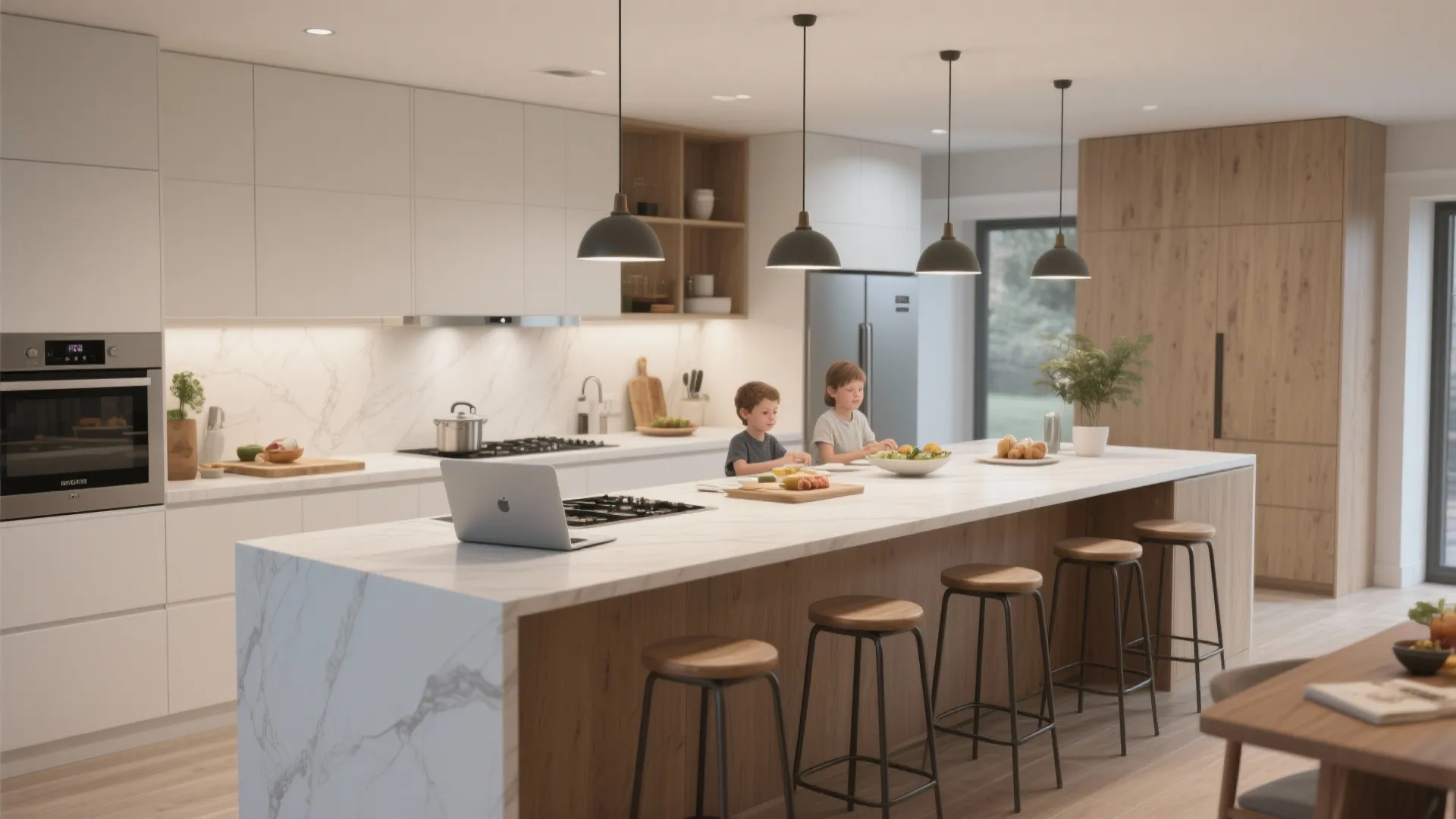 Long multifunction kitchen island serving as prep, dining and study area anchoring the apartment