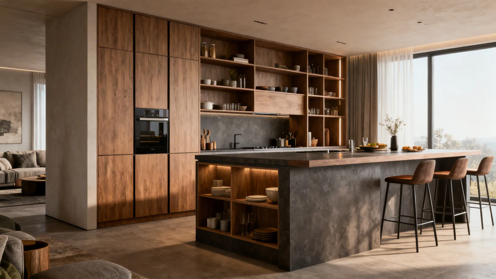 Multifunctional island with storage and seating bridging the kitchen and living area.