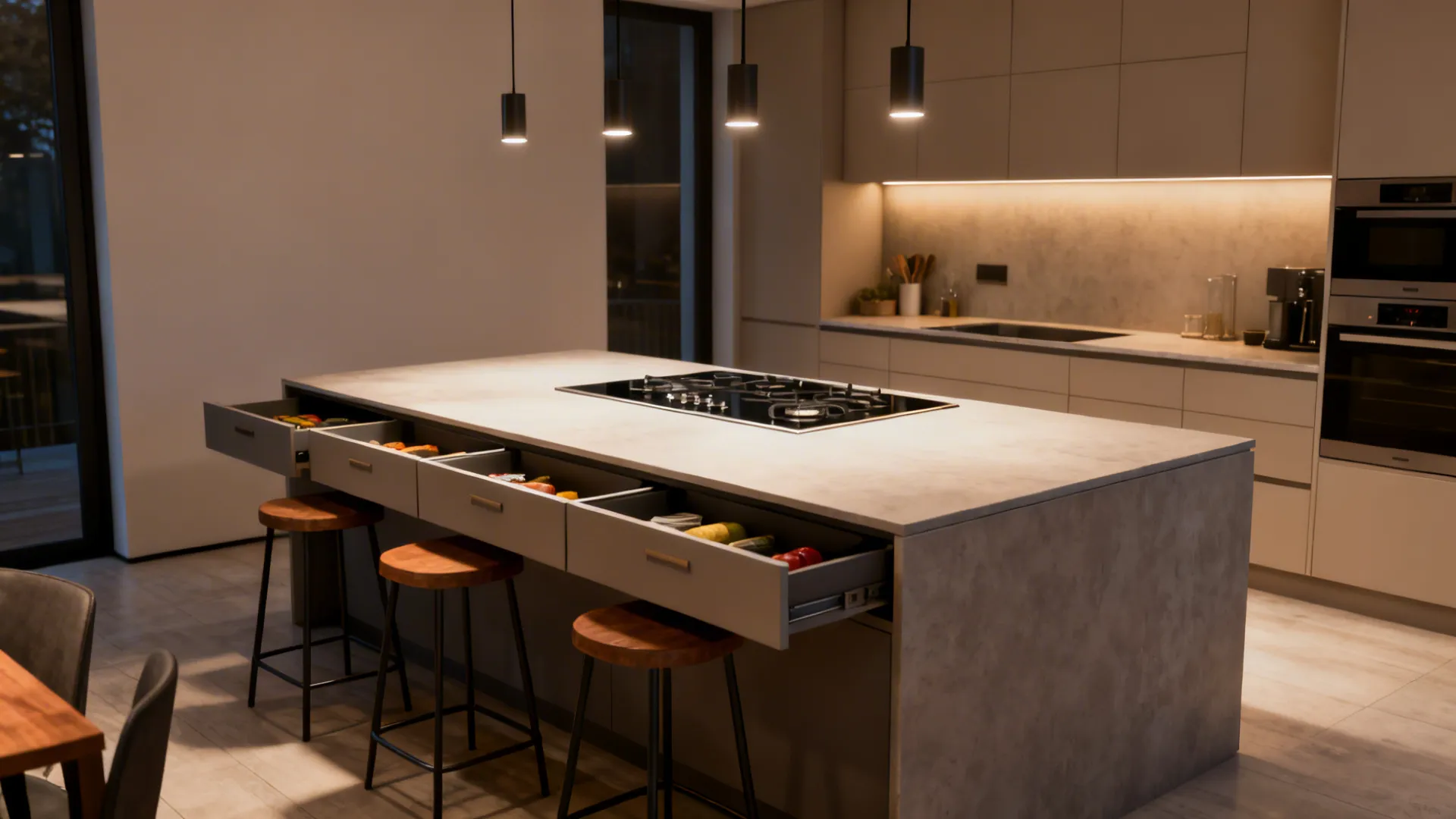 Multifunctional kitchen island with cooktop, storage drawers, and stools with clear circulation space.