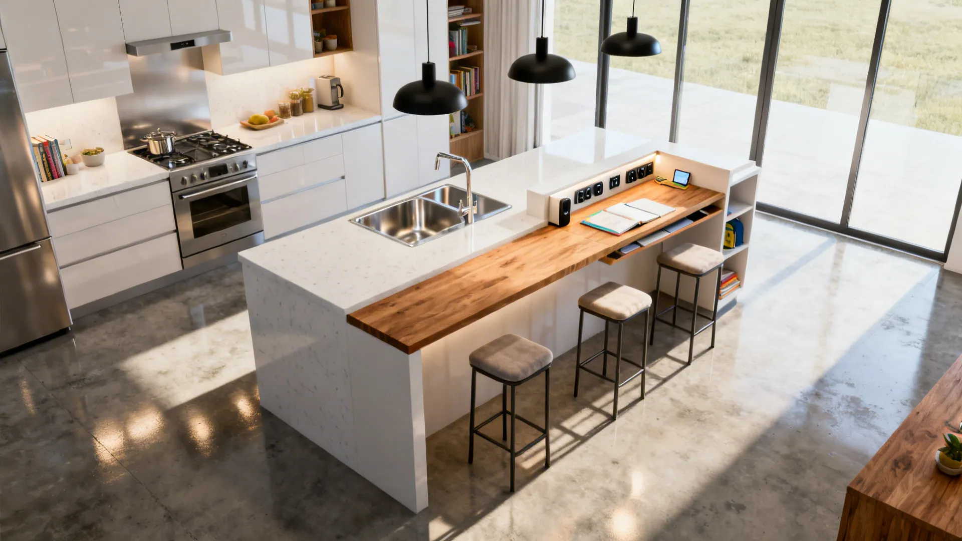 Modern kitchen island with white countertop wooden breakfast bar three stools black ceiling lights and sink